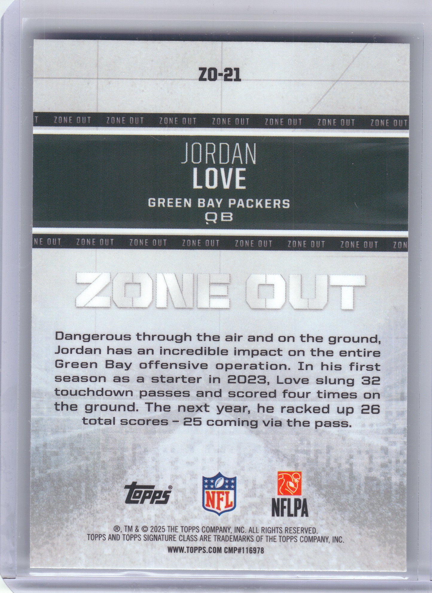 2025 Topps Signature Class #ZO-21 Jordan Love Zone Out Green Bay Packers