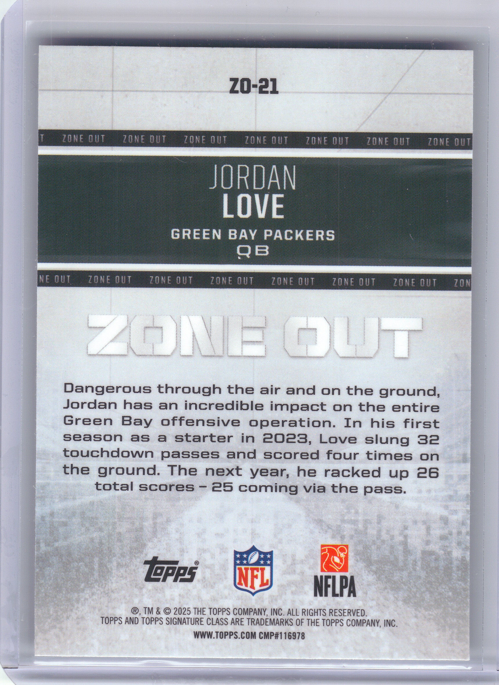 2025 Topps Signature Class #ZO-21 Jordan Love Zone Out Green Bay Packers