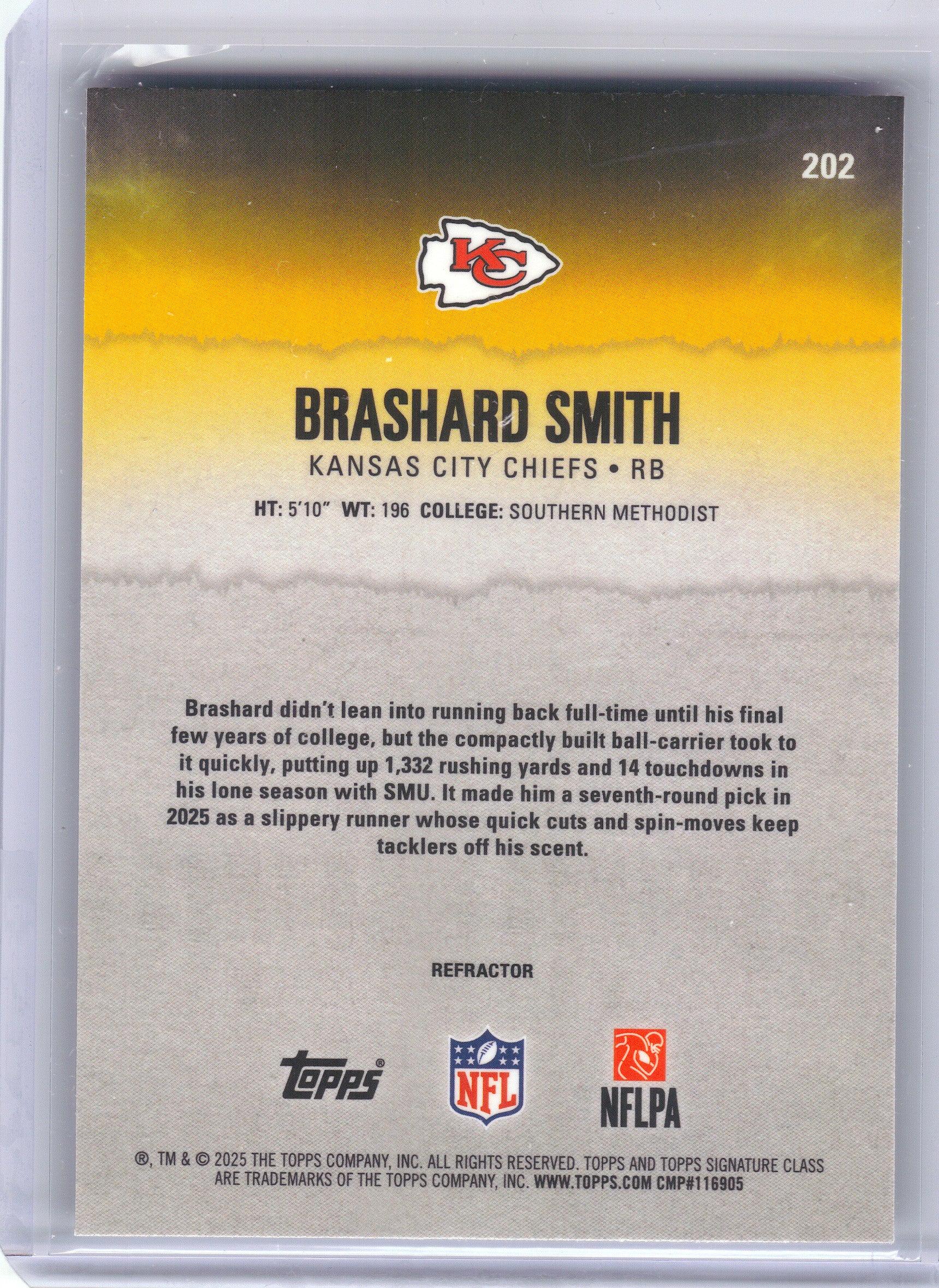 2025 Topps Signature Class #202 Brashard Smith Chrome Refractor Kansas City Chiefs Rookie