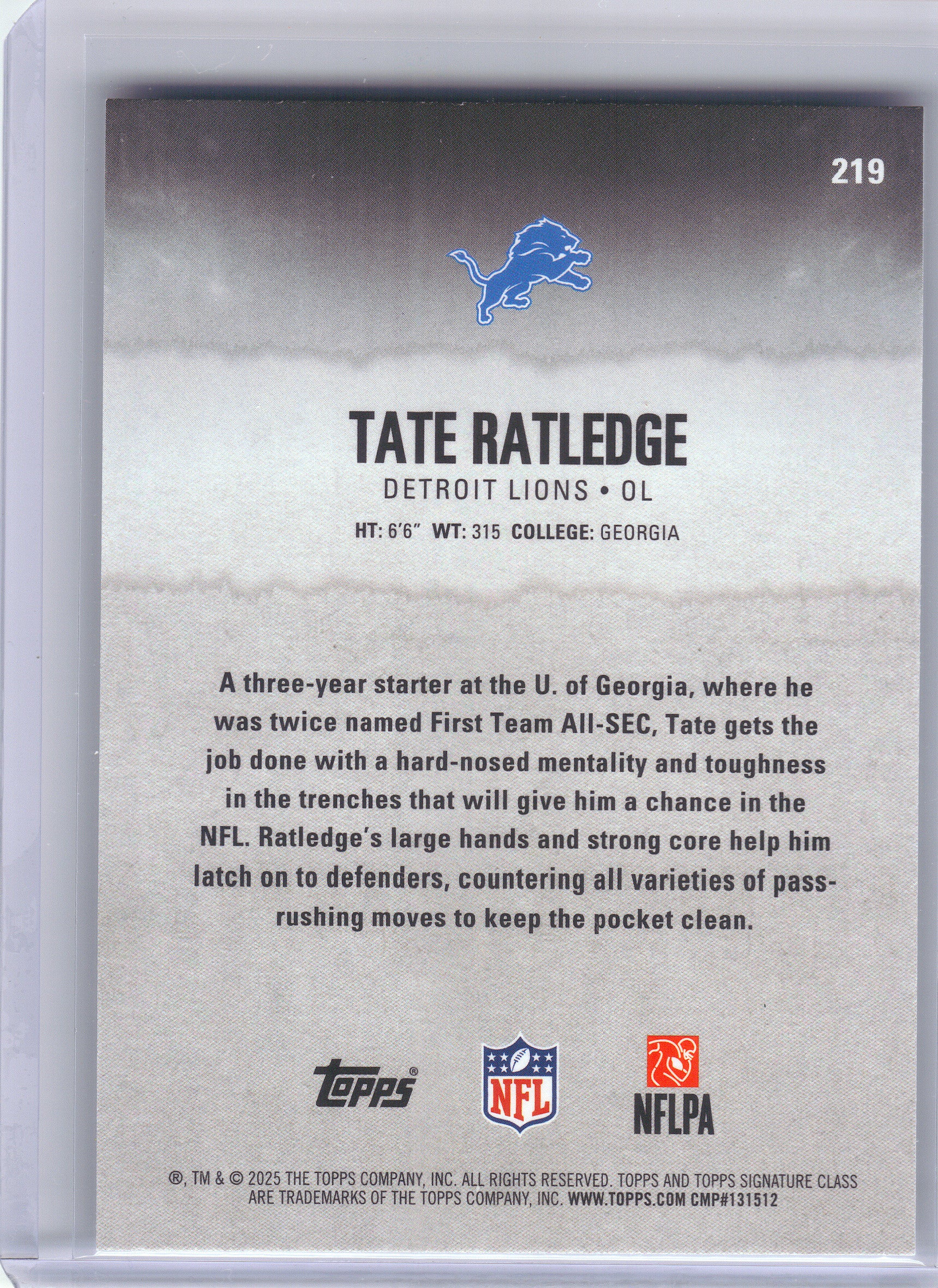 2025 Topps Signature Class #219 Tate Ratledge Detroit Lions Rookie