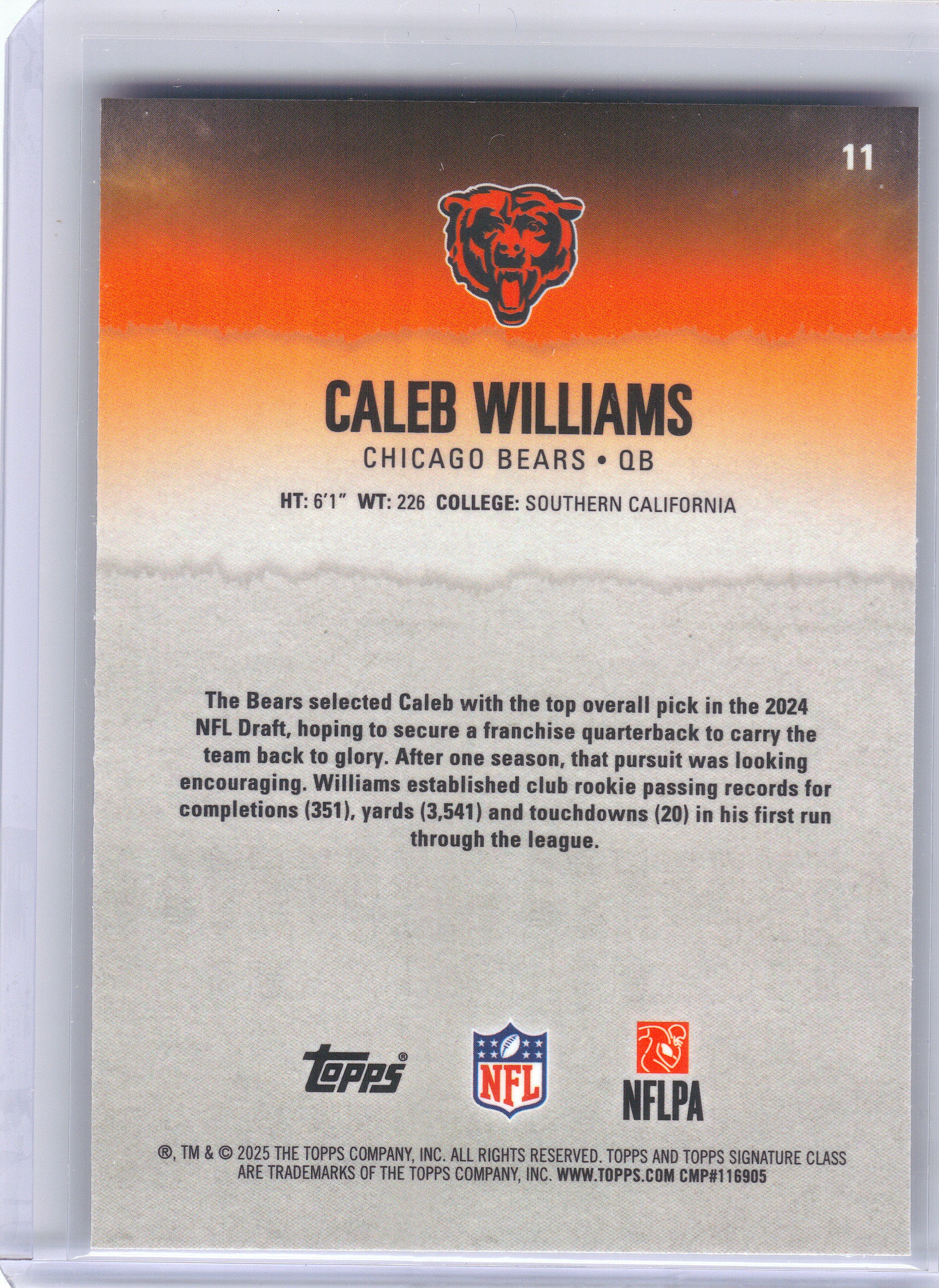2025 Topps Signature Class #11 Caleb Williams Chrome Chicago Bears