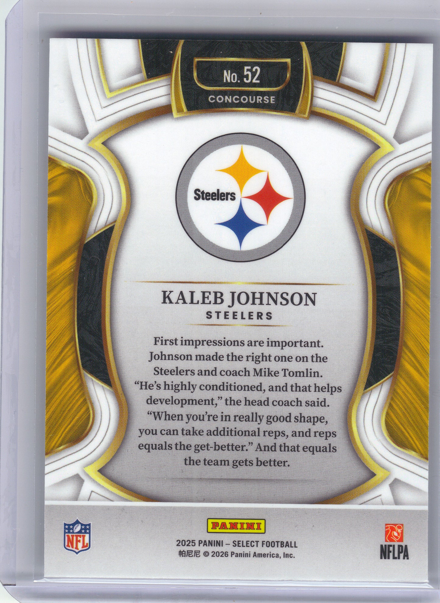 2025 Panini Select #52 Kaleb Johnson Pittsburgh Steelers Rookie