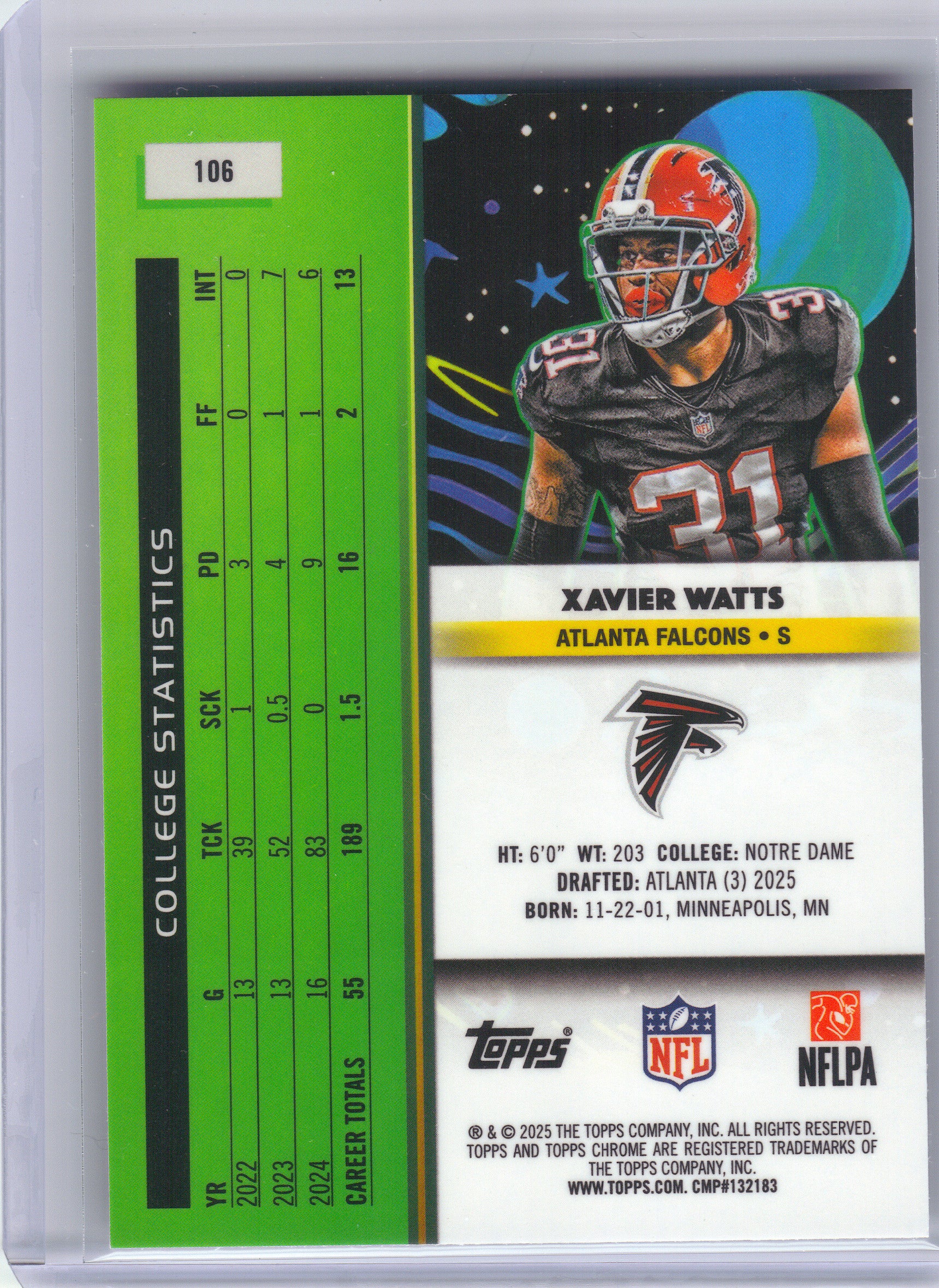 2025 Topps Chrome Cosmic #106 Xavier Watts Atlanta Falcons Rookie