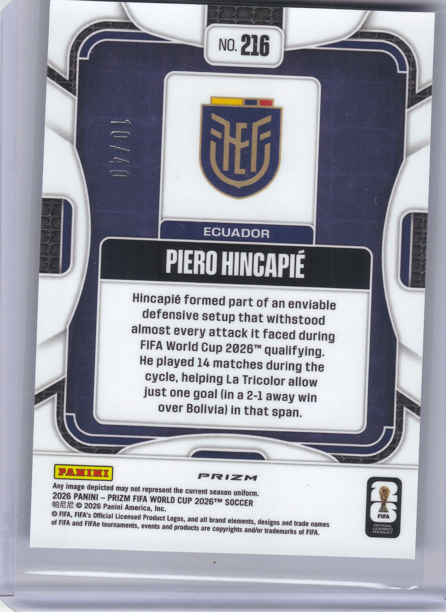 2026 Panini Prizm FIFA World Cup #216 Piero Hincapie Blue #/40 Ecuador SN