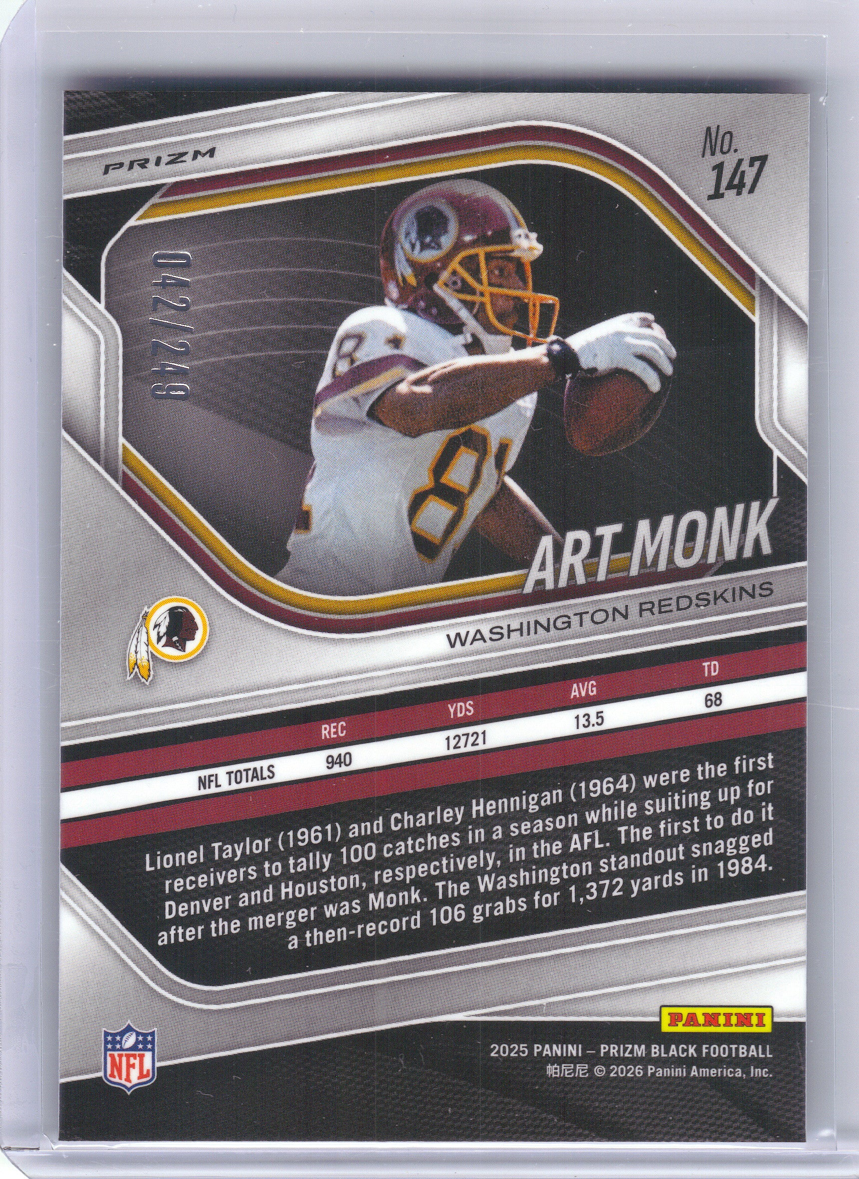 2025 Panini Prizm Black #147 Art Monk Prizms Skewed #/249 Washington Redskins SN
