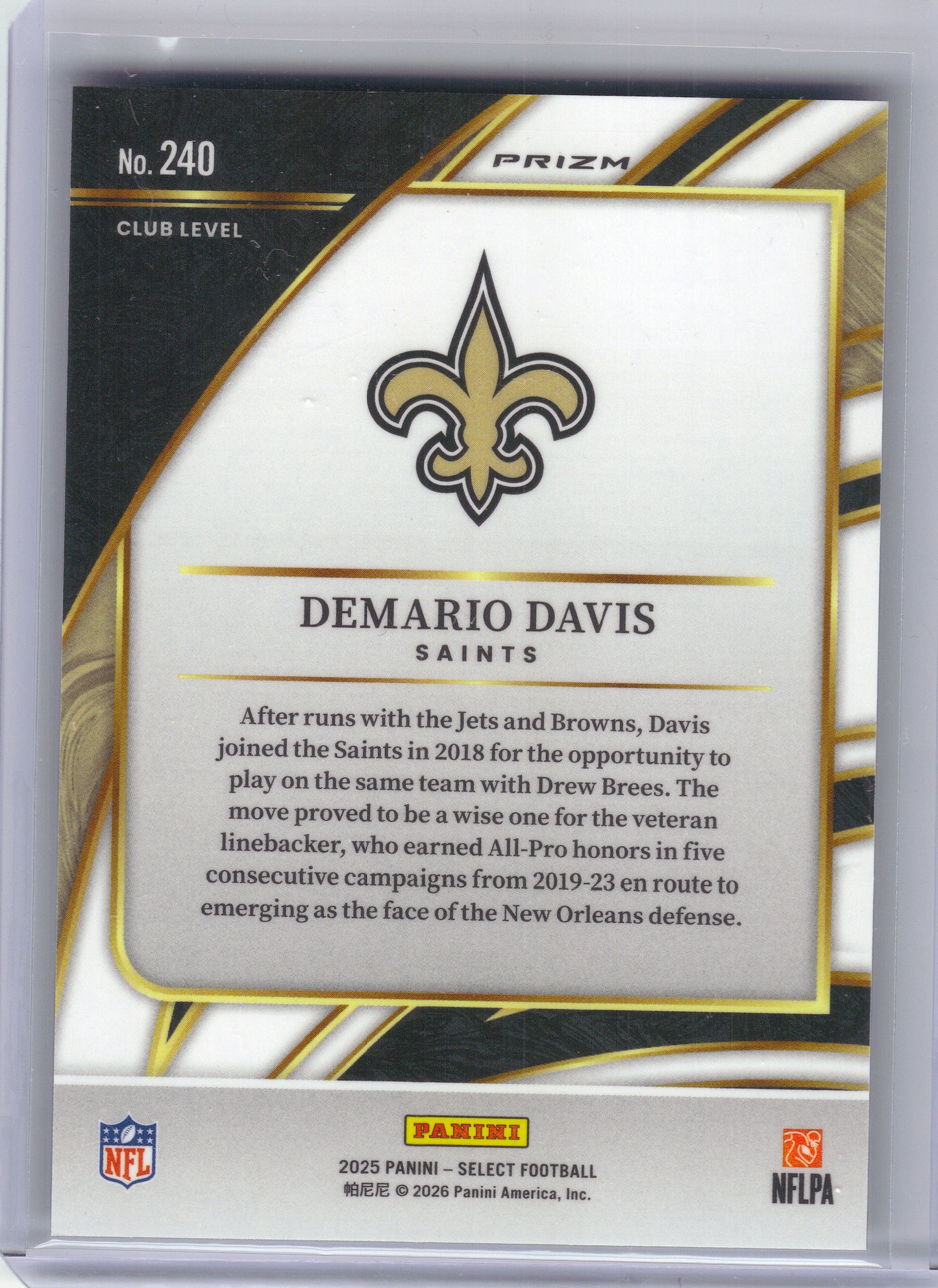 2025 Panini Select #240 Demario Davis Zebra Prizm New Orleans Saints