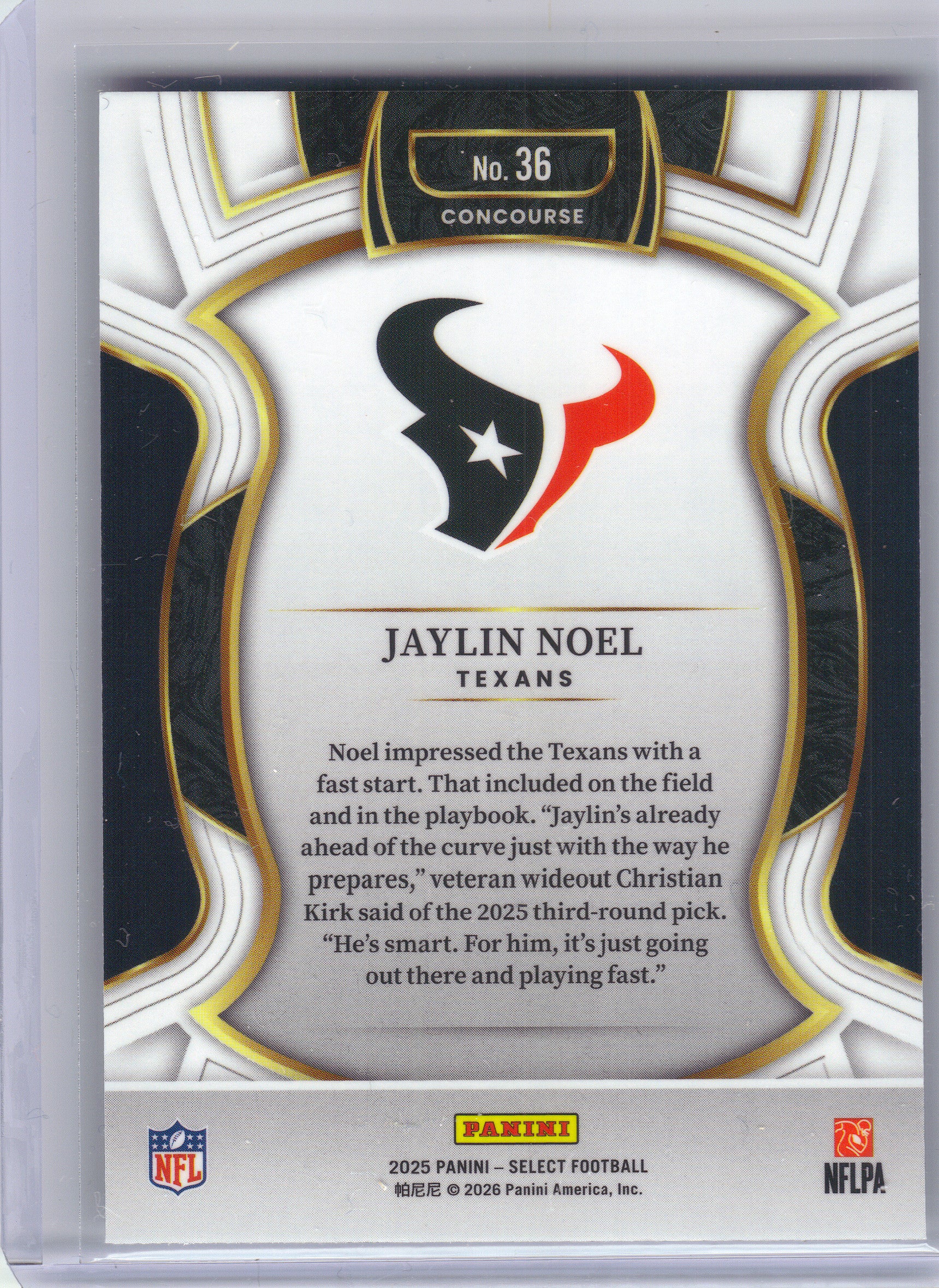2025 Panini Select #36 Jaylin Noel Houston Texans Rookie