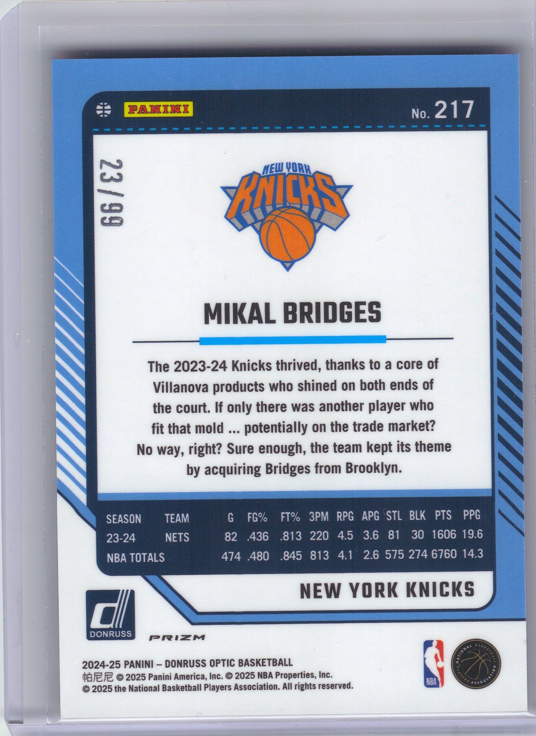 2024-25 Donruss Optic #217 Mikal Bridges Red and Gold International #/99 New York Knicks SN