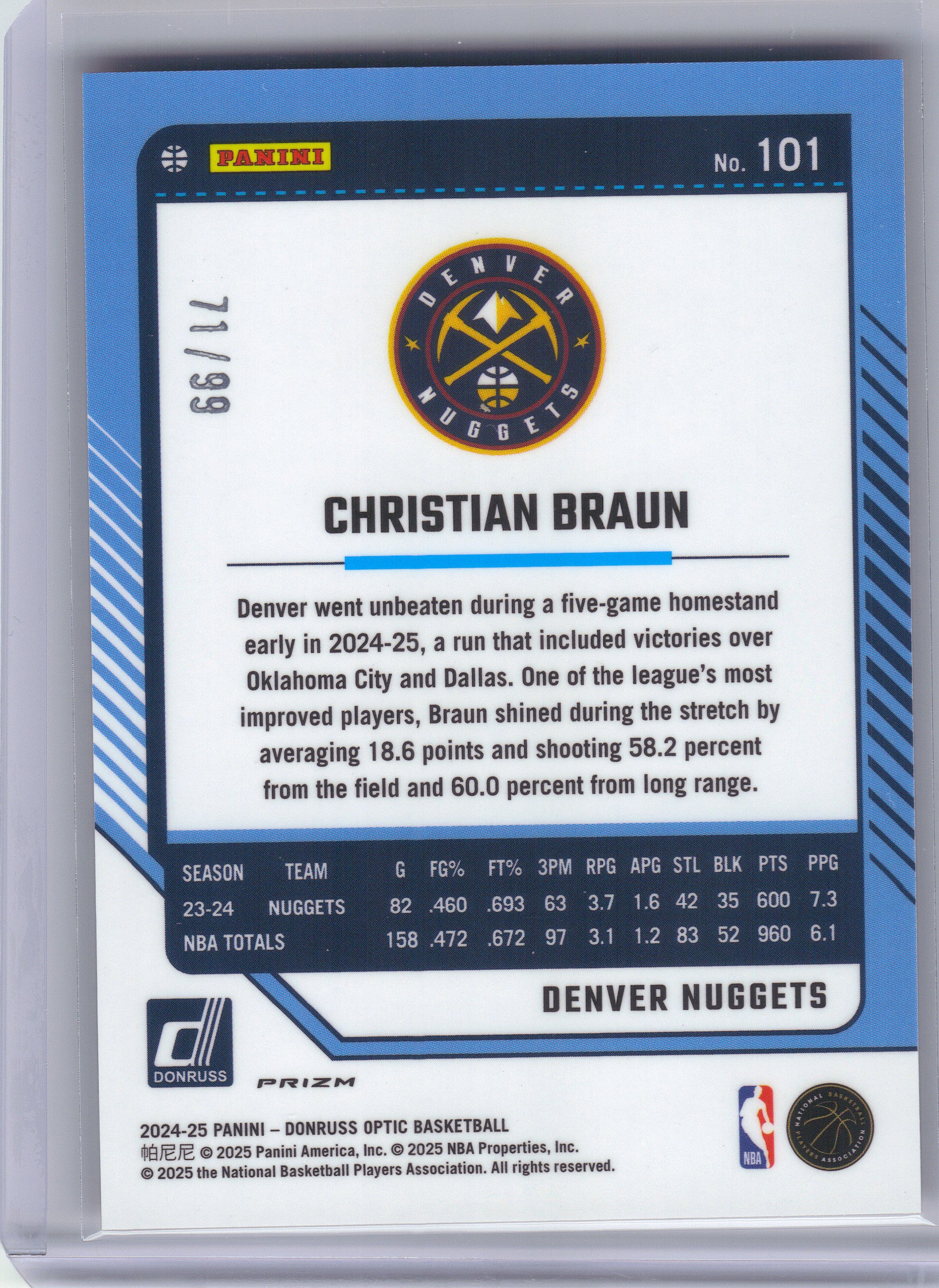 2024-25 Donruss Optic #101 Christian Braun Red and Gold International #/99 Denver Nuggets SN