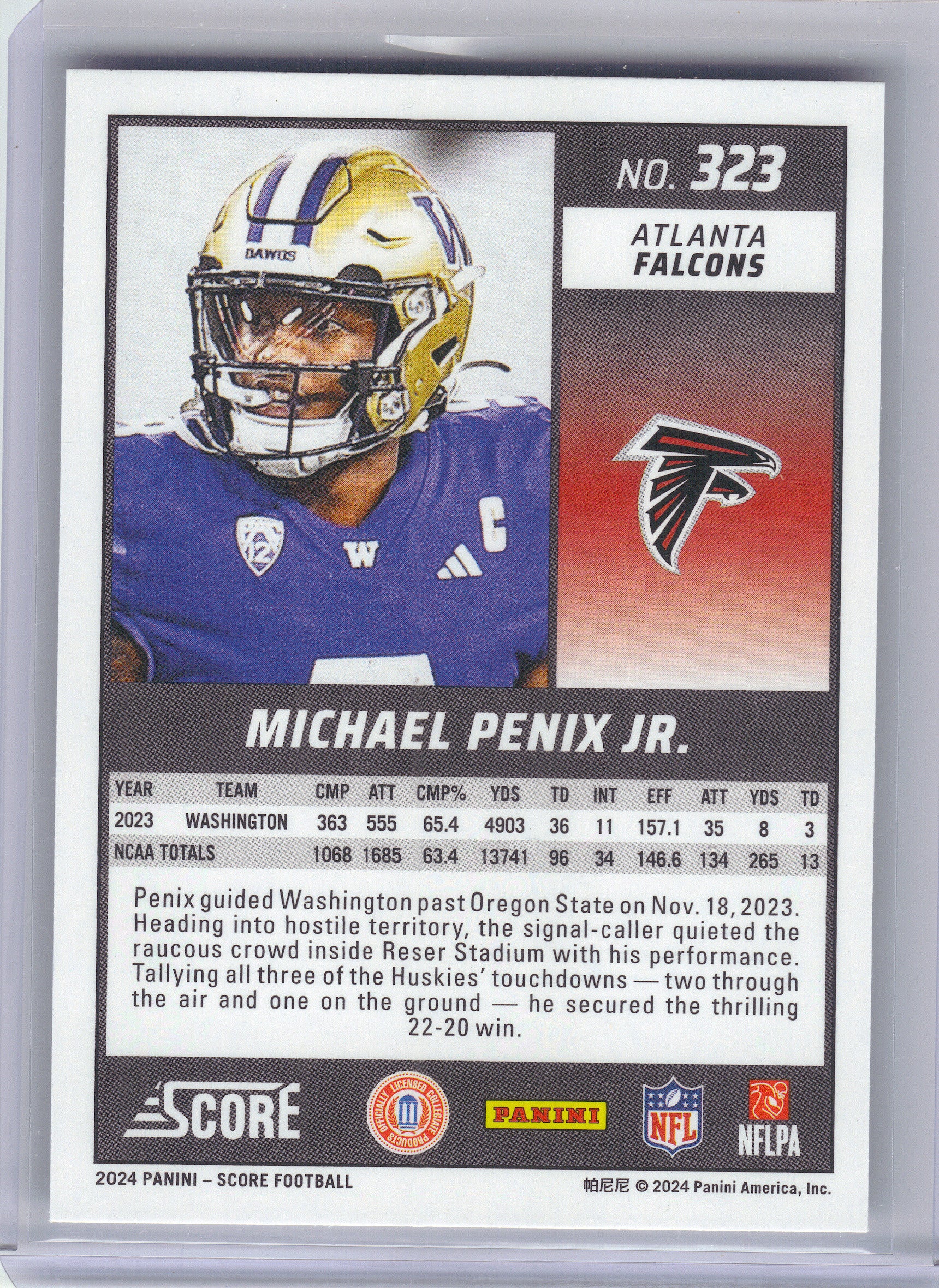 2024 Score #323 Michael Penix Jr. Atlanta Falcons Rookie