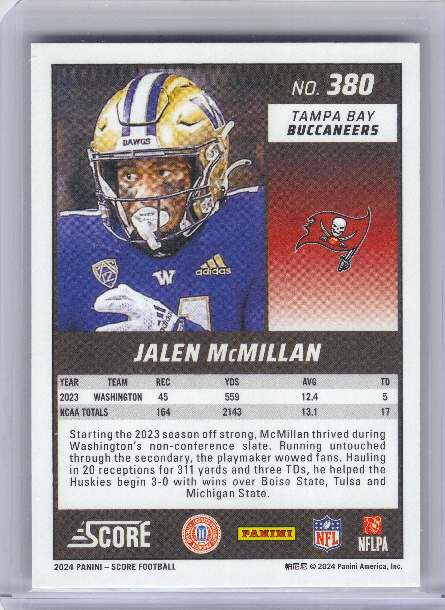 2024 Score #380 Jalen McMillan Tampa Bay Buccaneers Rookie