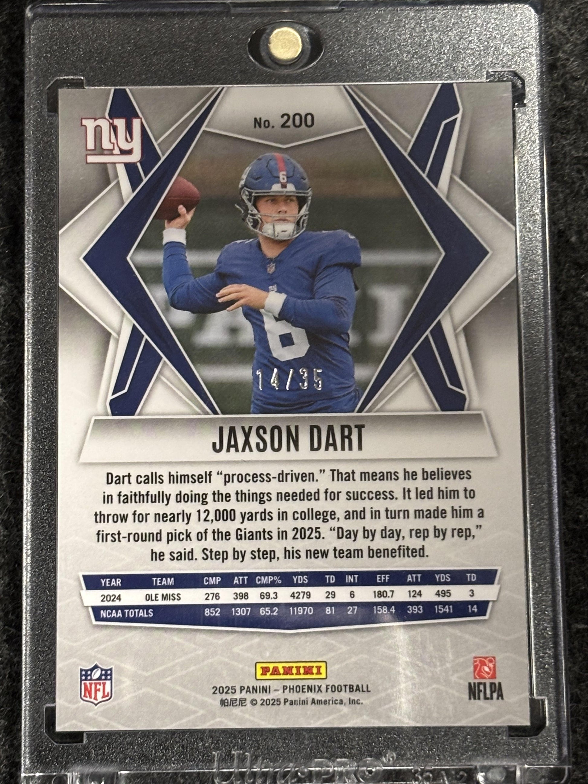 2025 Panini Phoenix #200 Jaxson Dart Yellow Mojo Prizm #/35 New York Giants SN, Rookie
