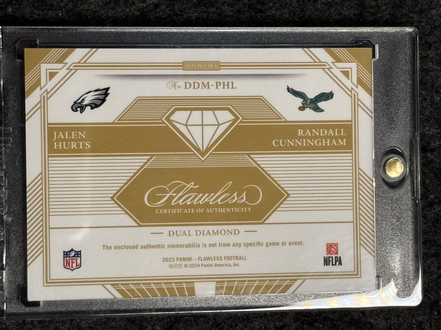 2023 Panini Flawless #DDM-PHL Jalen Hurts / Randall Cunningham Dual Diamond Memorabilia Silver #/20 Philadelphia Eagles SN, Memorabilia