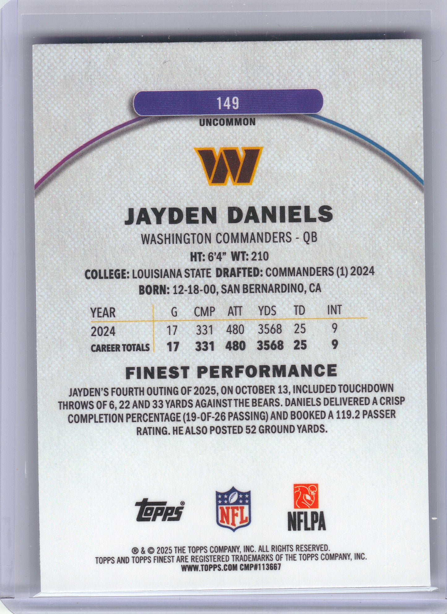 2025 Finest #149 Jayden Daniels Purple Refractor #/200 Washington Commanders SN