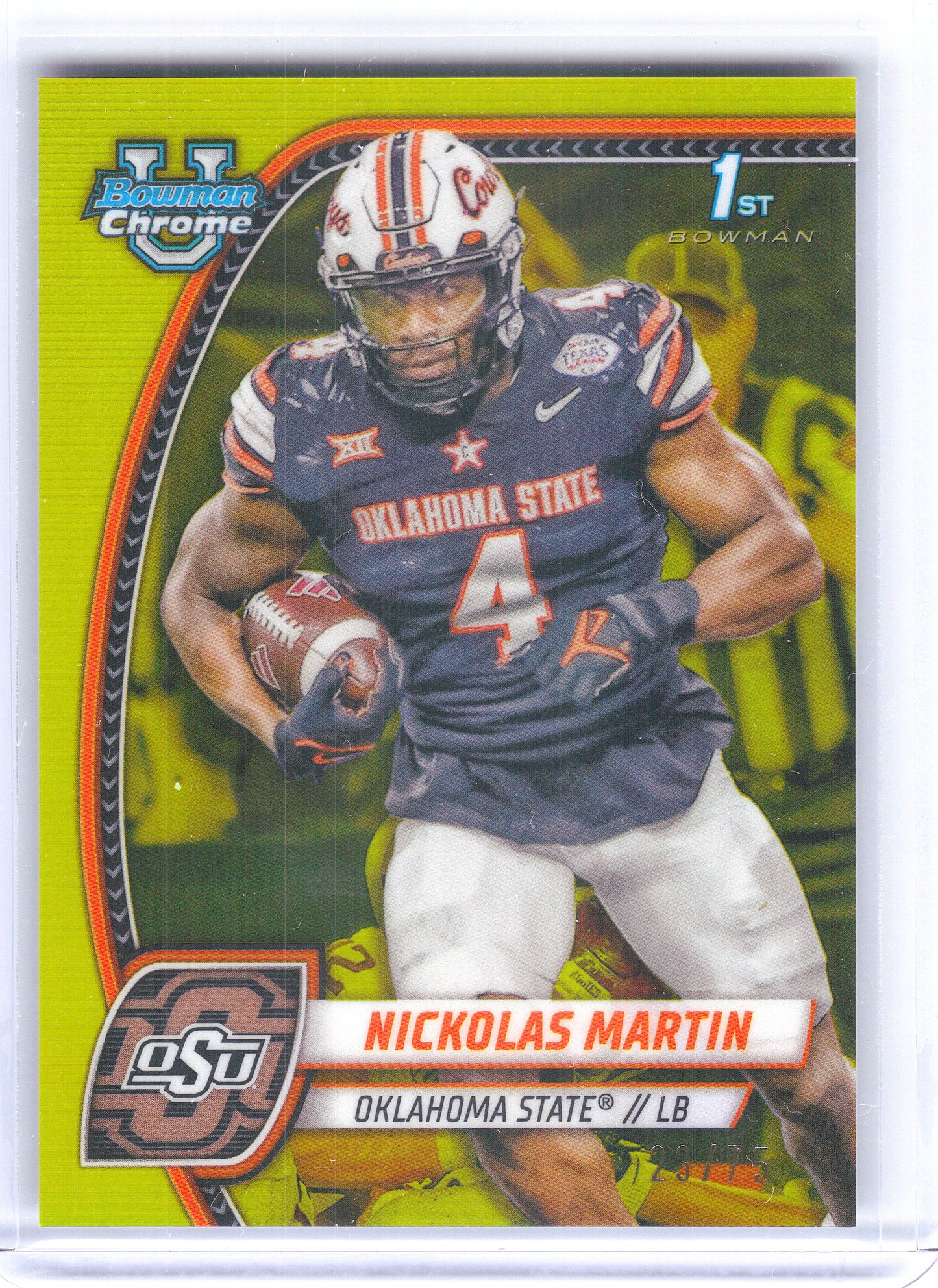 2024 Bowman University Chrome #199 Nickolas Martin Yellow Refractor #/75 Oklahoma State Cowboys SN