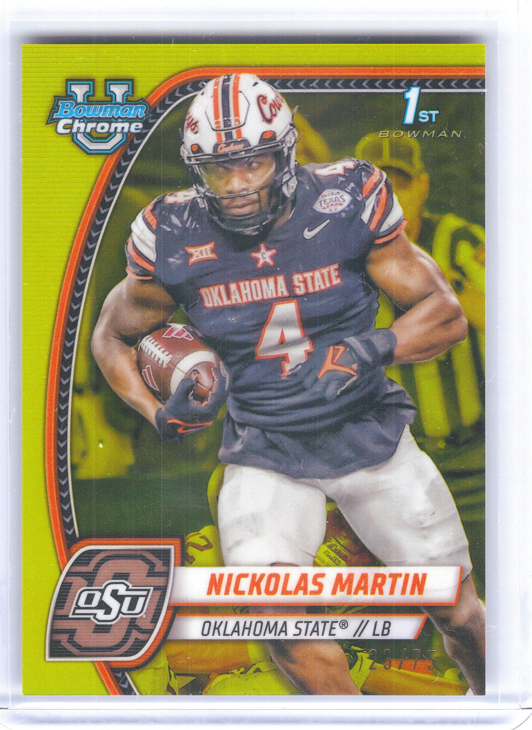 2024 Bowman University Chrome #199 Nickolas Martin Yellow Refractor #/75 Oklahoma State Cowboys SN