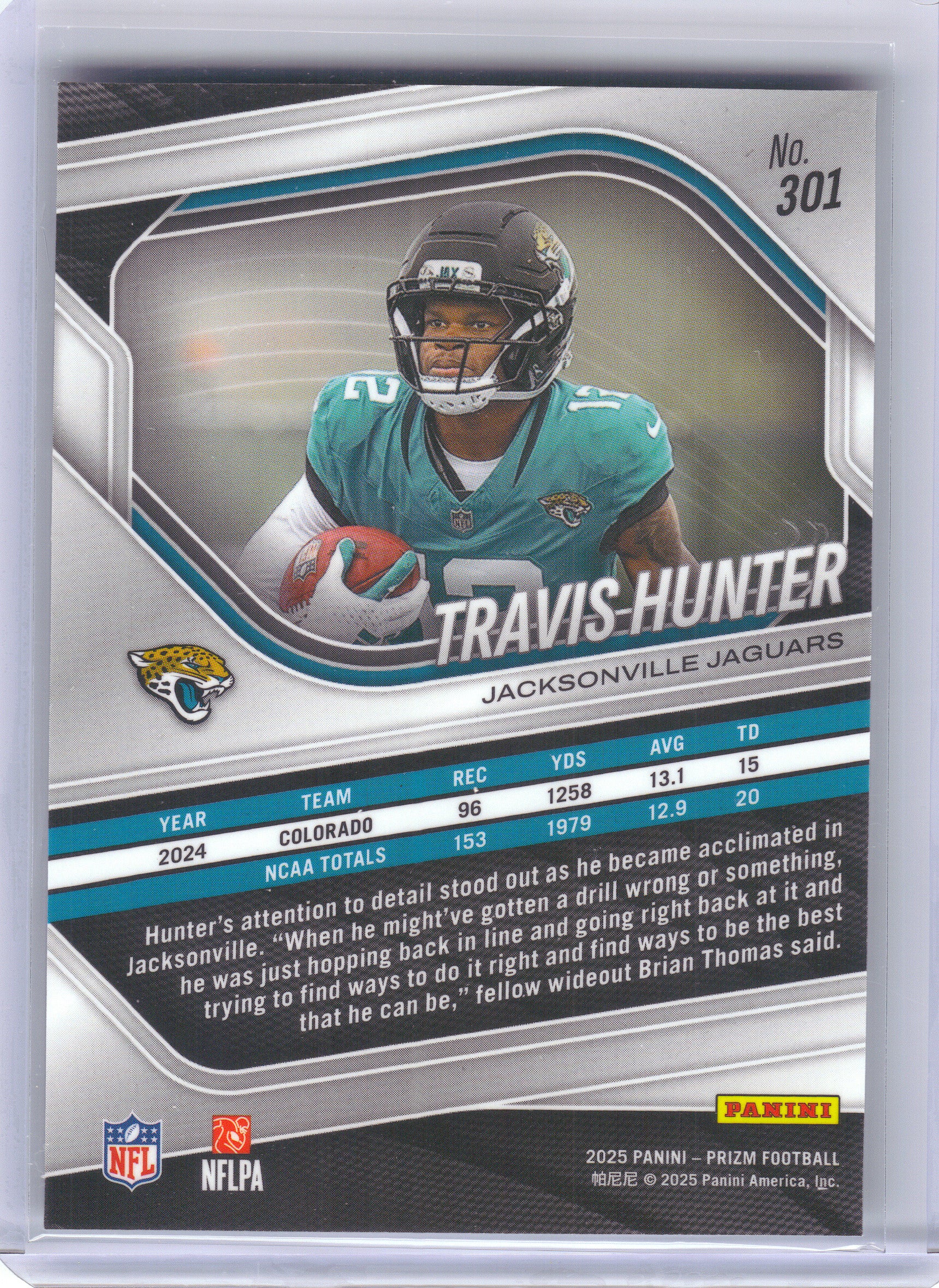 2025 Panini Prizm #301 Travis Hunter Jacksonville Jaguars Rookie