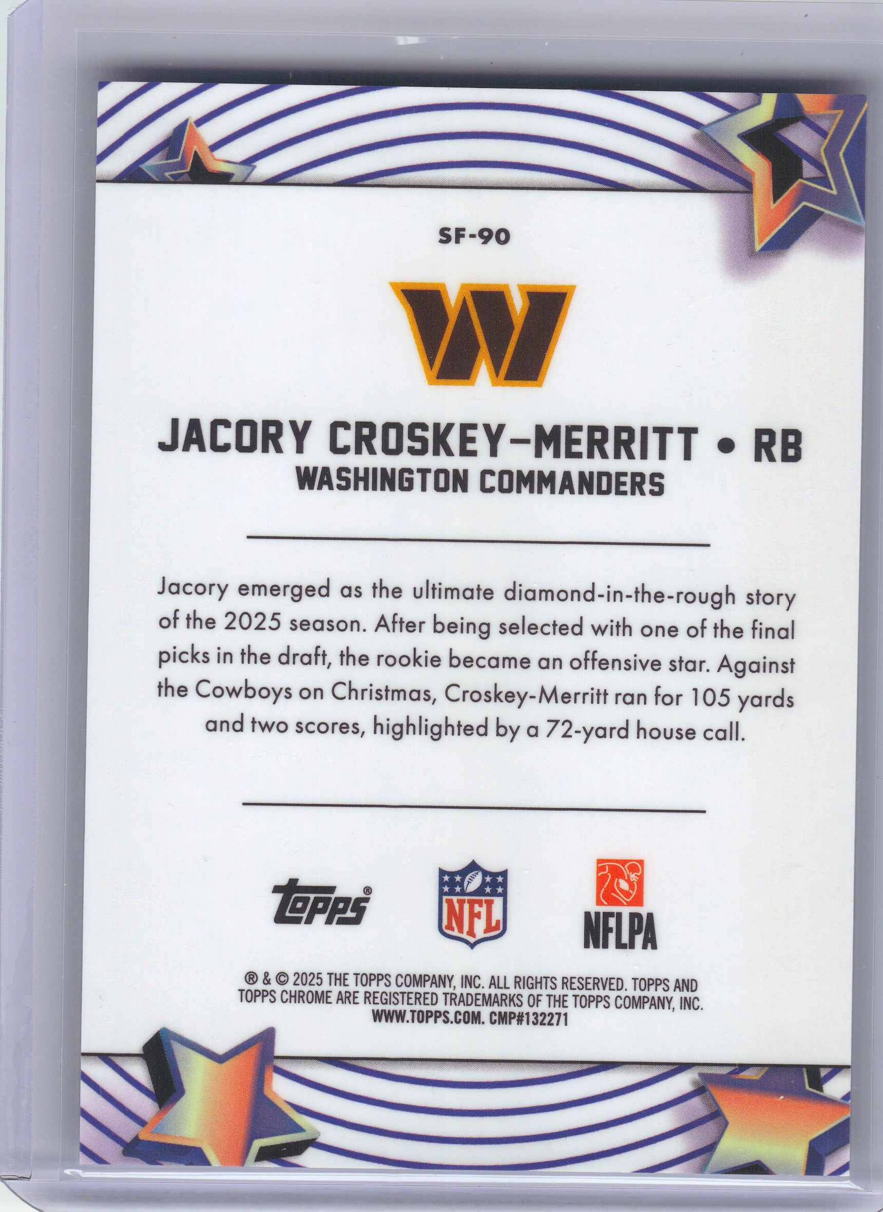 2025 Topps Chrome Cosmic #SF-90 Jacory Croskey-Merritt Starfractor Washington Commanders