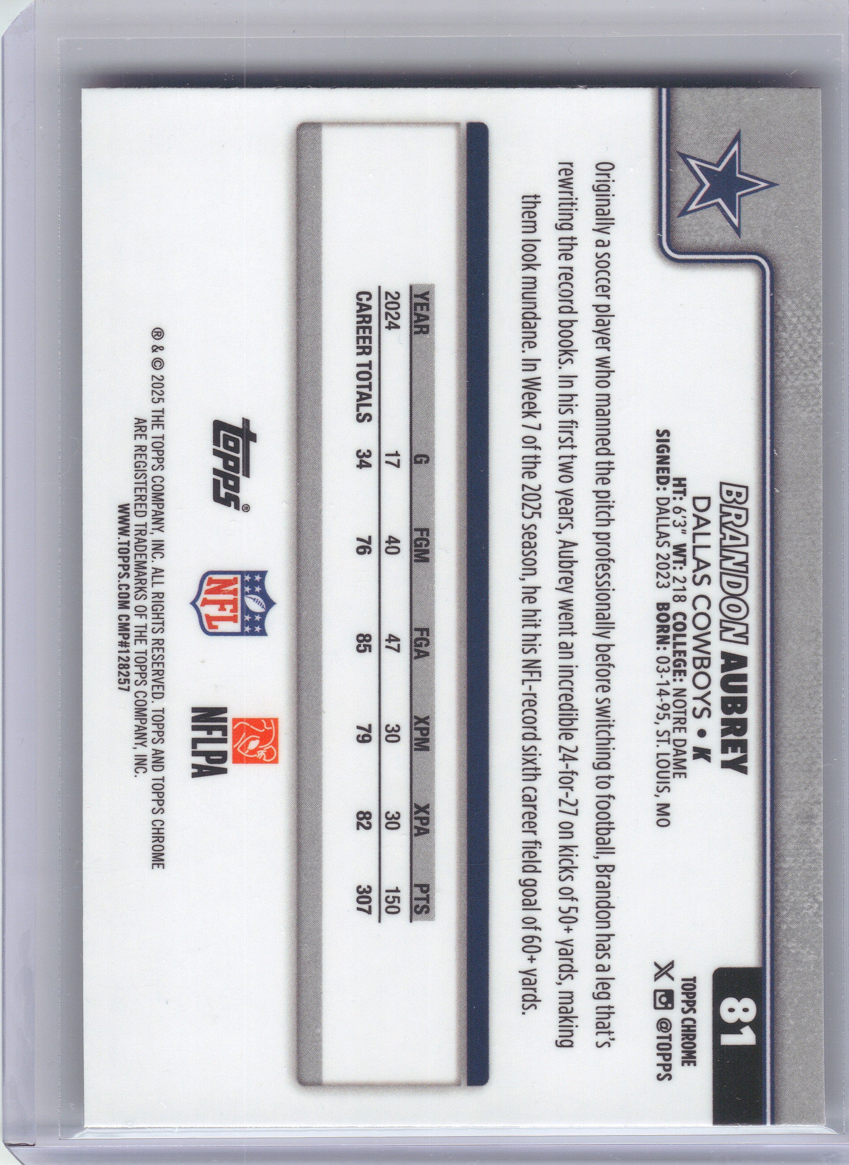 2025 Topps Chrome #81 Brandon Aubrey Football Leather Refractor Dallas Cowboys