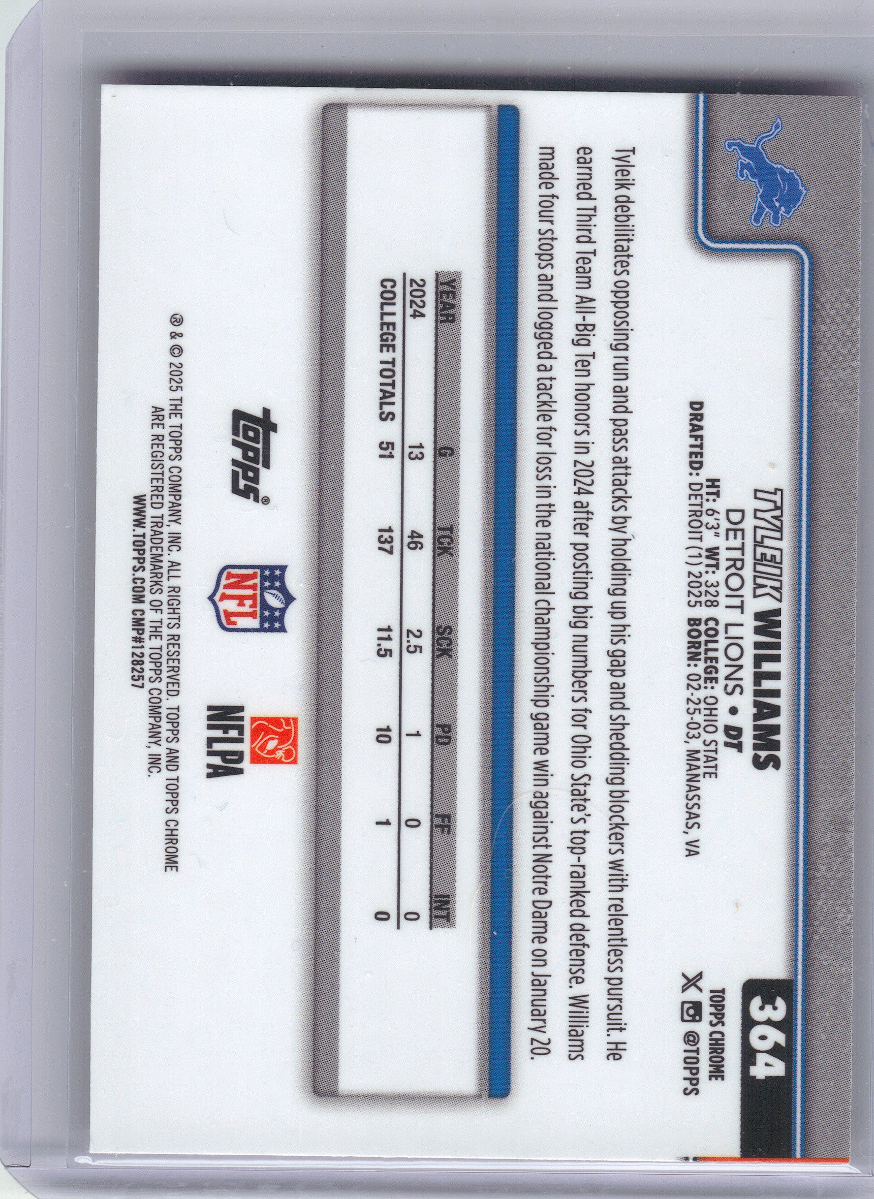 2025 Topps Chrome #364 Tyleik Williams Hot Pink X-Fractor Detroit Lions Rookie