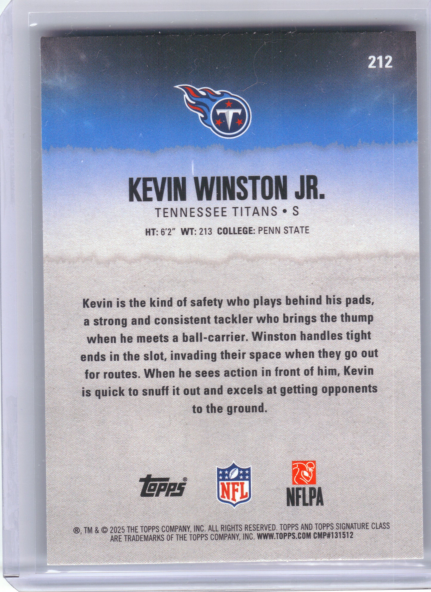 2025 Topps Signature Class #212 Kevin Winston Jr. Red & Black Tennessee Titans Rookie