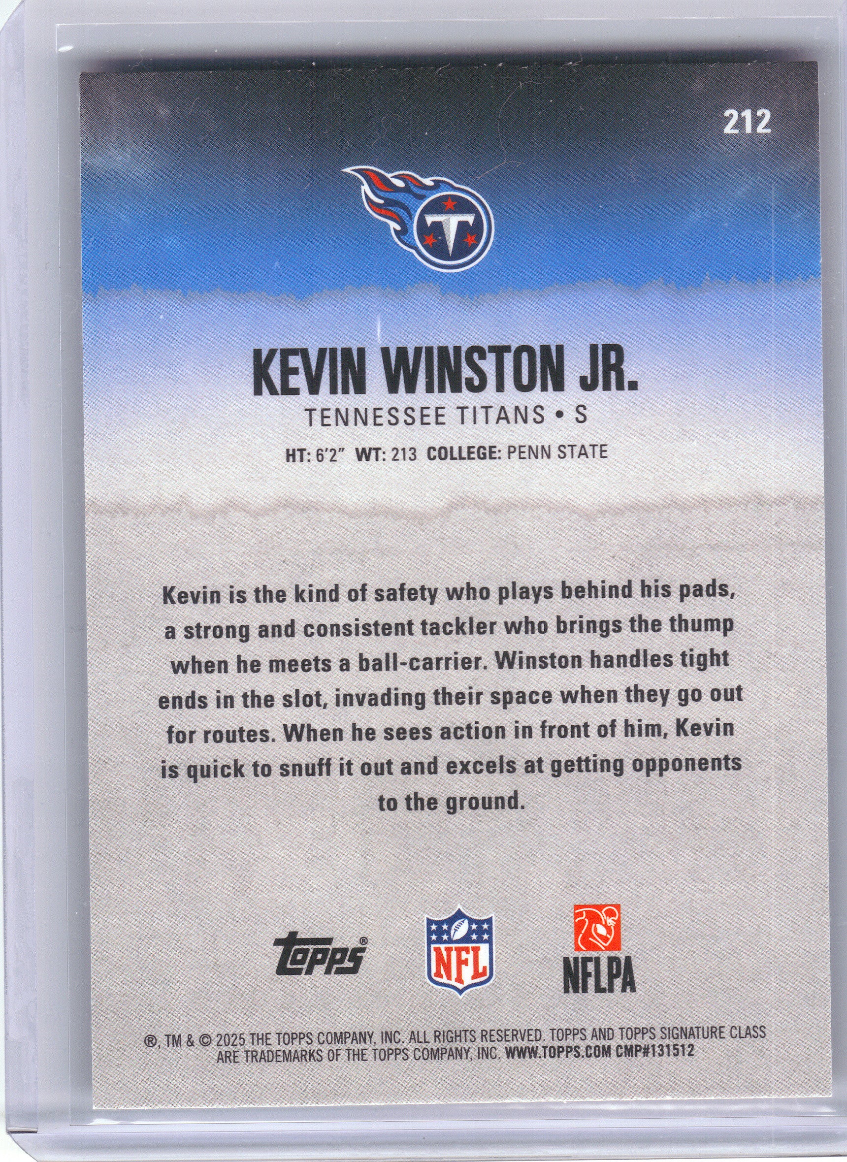 2025 Topps Signature Class #212 Kevin Winston Jr. Red & Black Tennessee Titans Rookie