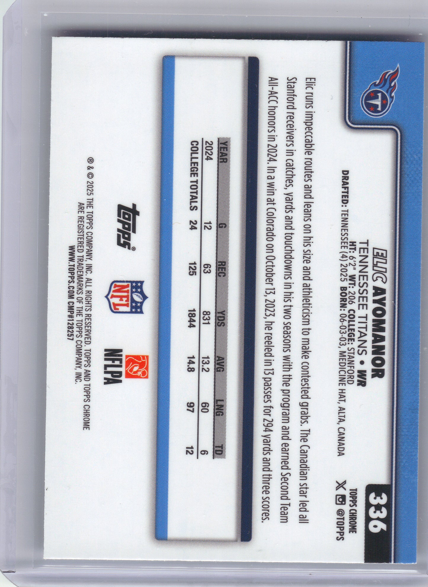 2025 Topps Chrome #336 Elic Ayomanor Pulsar Refractor Tennessee Titans Rookie