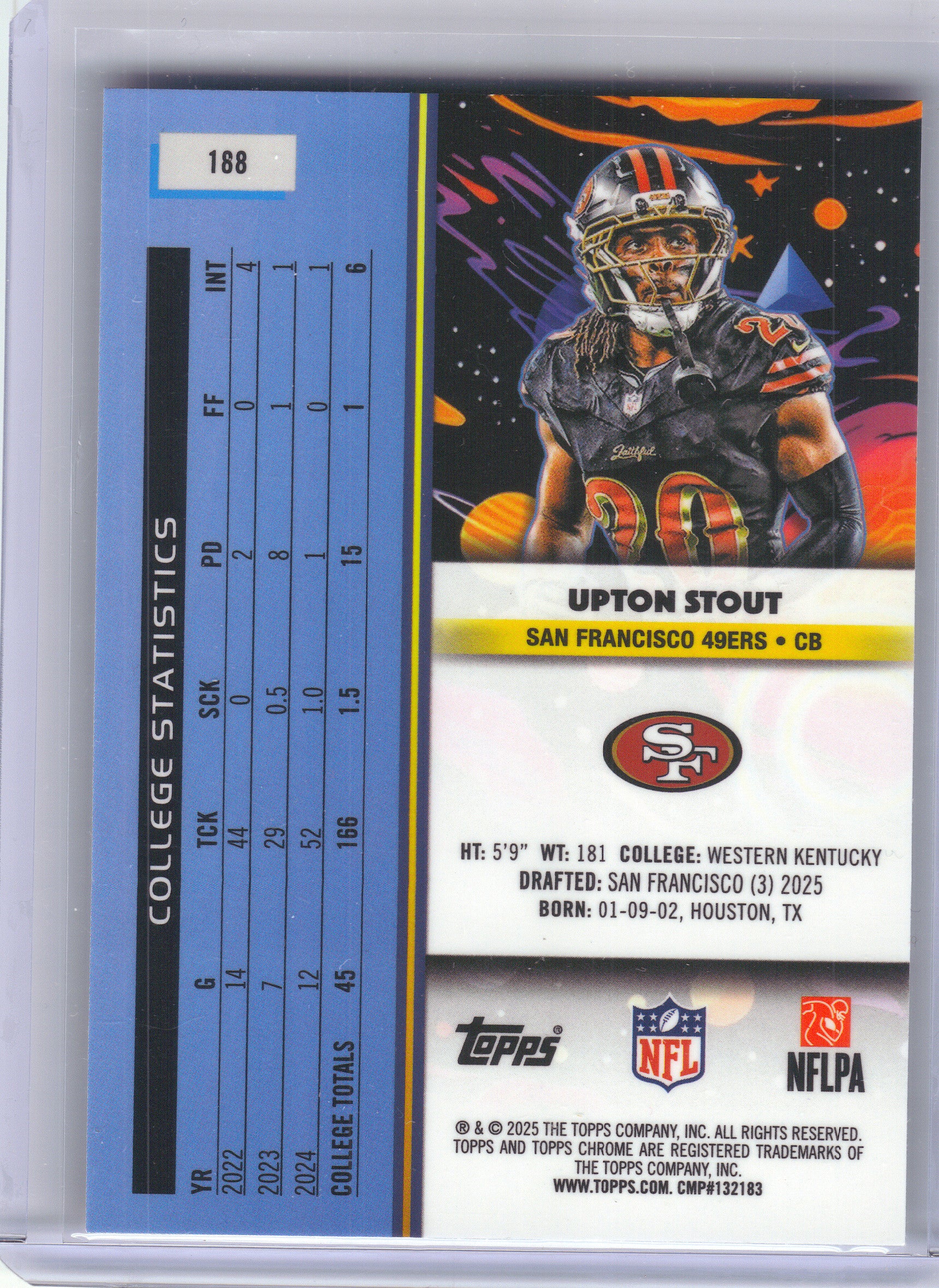 2025 Topps Chrome Cosmic #188 Upton Stout San Francisco 49ers Rookie