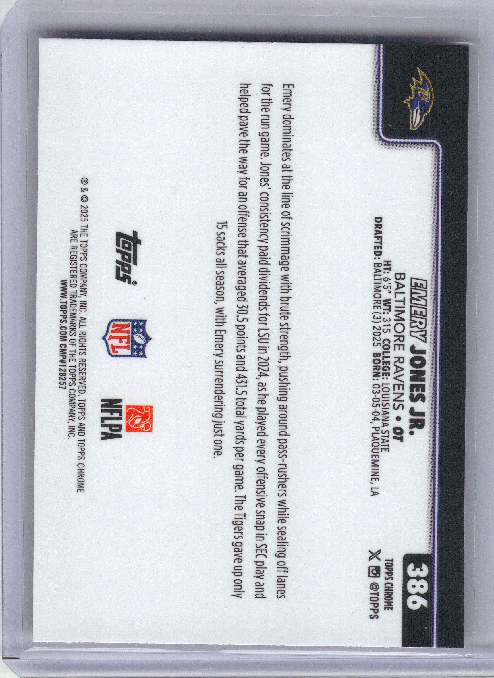 2025 Topps Chrome #386 Emery Jones Jr. Hot Pink X-Fractor Baltimore Ravens Rookie