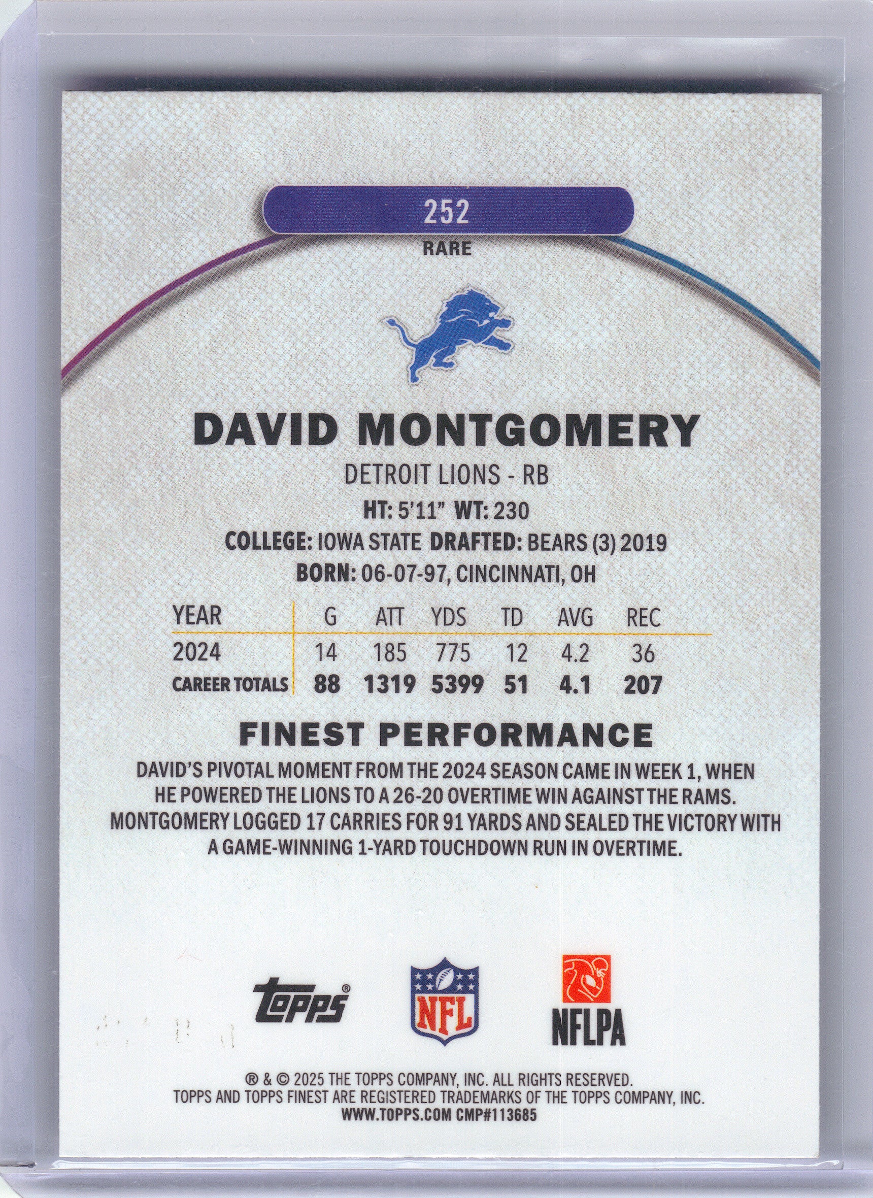 2025 Finest #252 David Montgomery Purple Refractor Bookend Detroit Lions SN