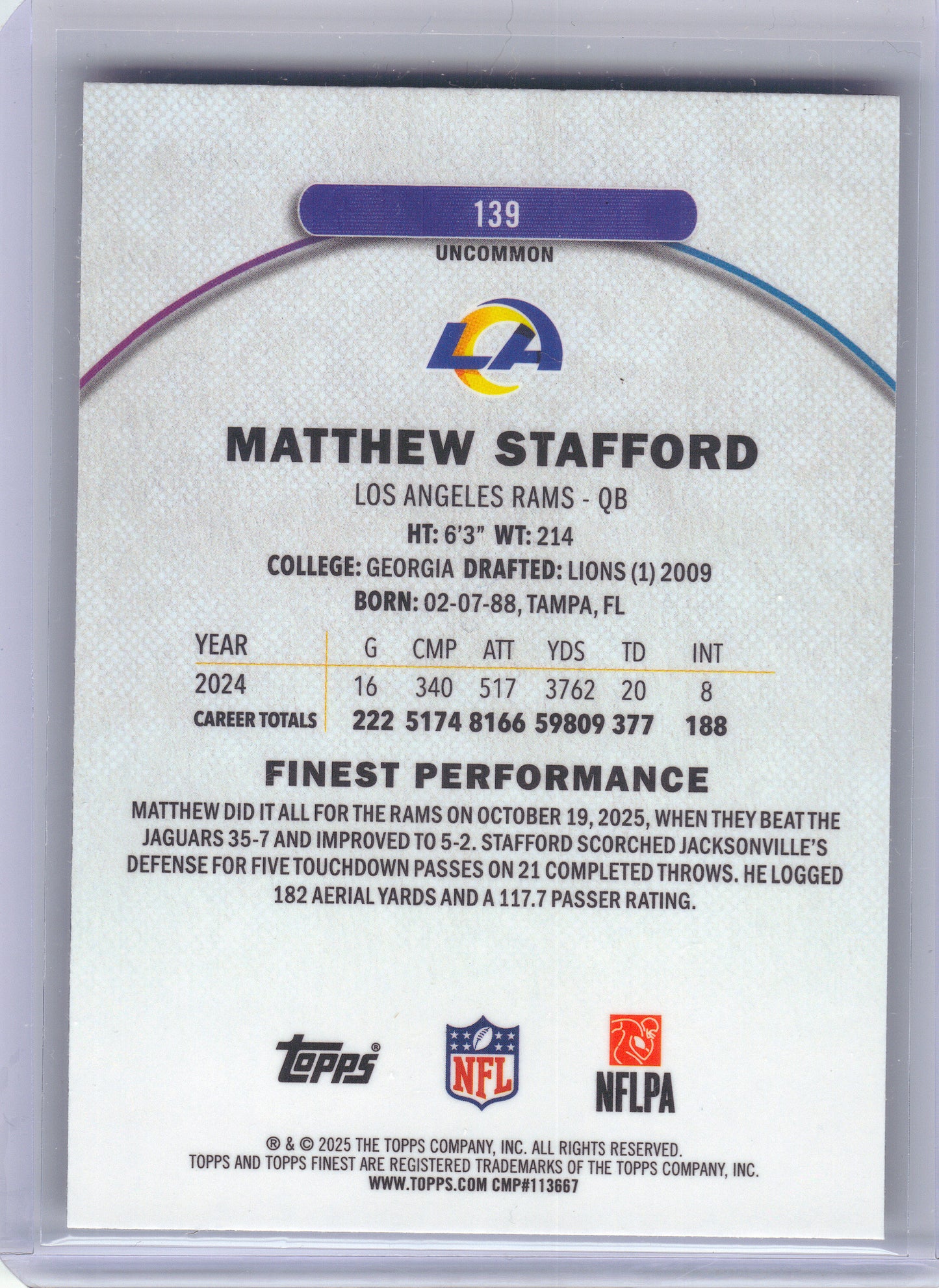 2025 Finest #139 Matthew Stafford Los Angeles Rams