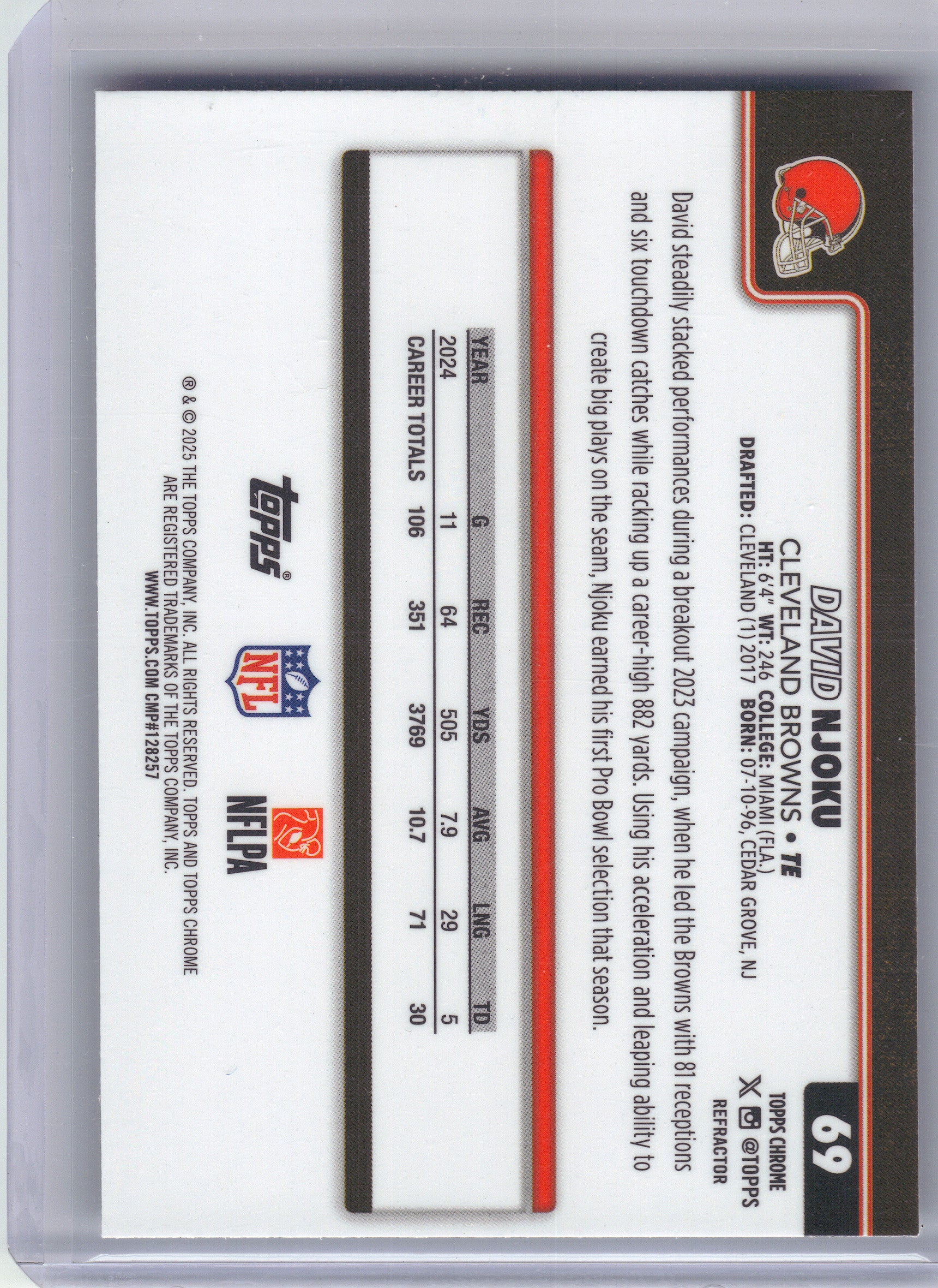 2025 Topps Chrome #69 David Njoku Refractor Cleveland Browns