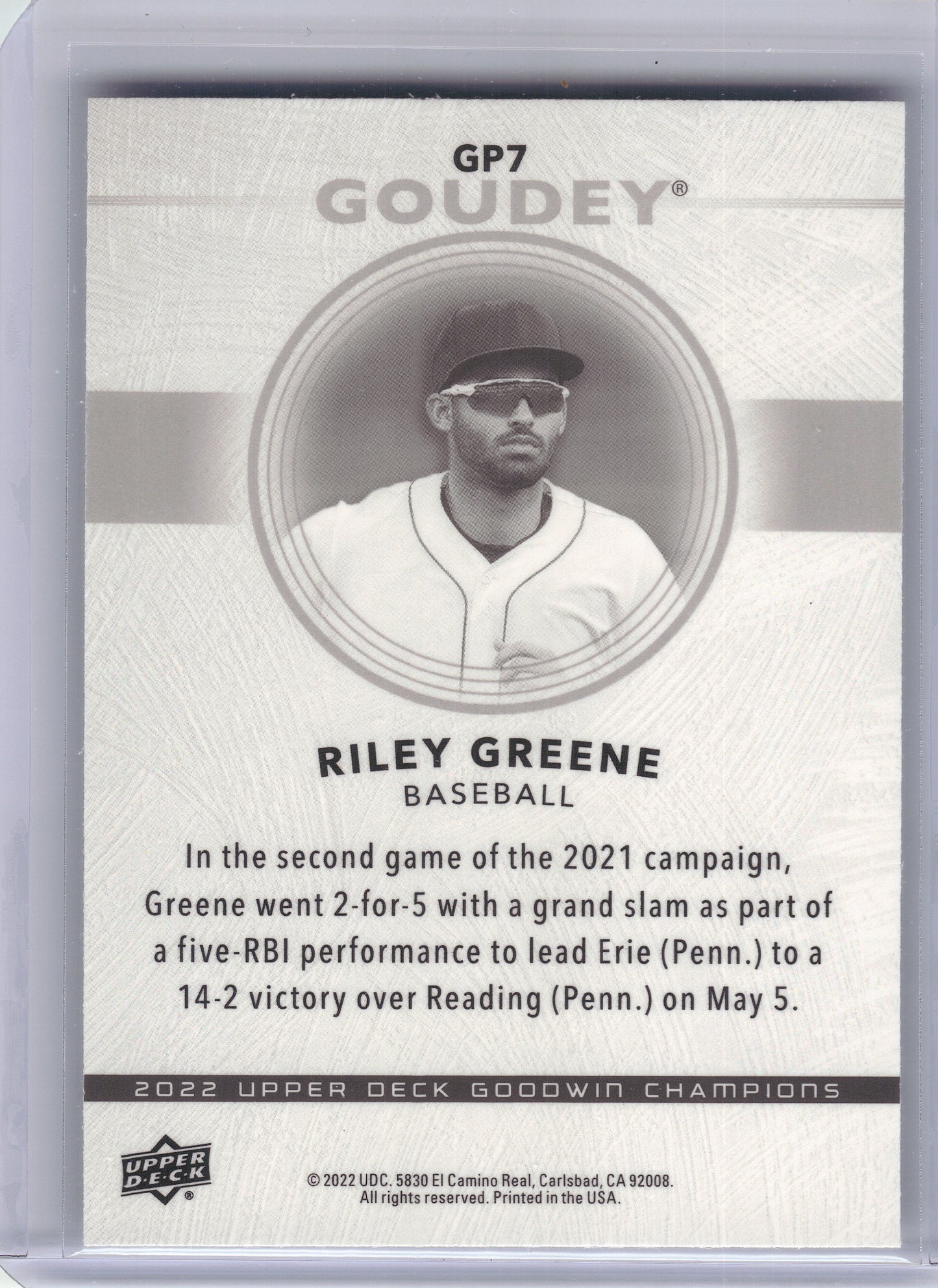 2022 Upper Deck Goodwin Champions #GP7 Riley Greene Goudey Platinum