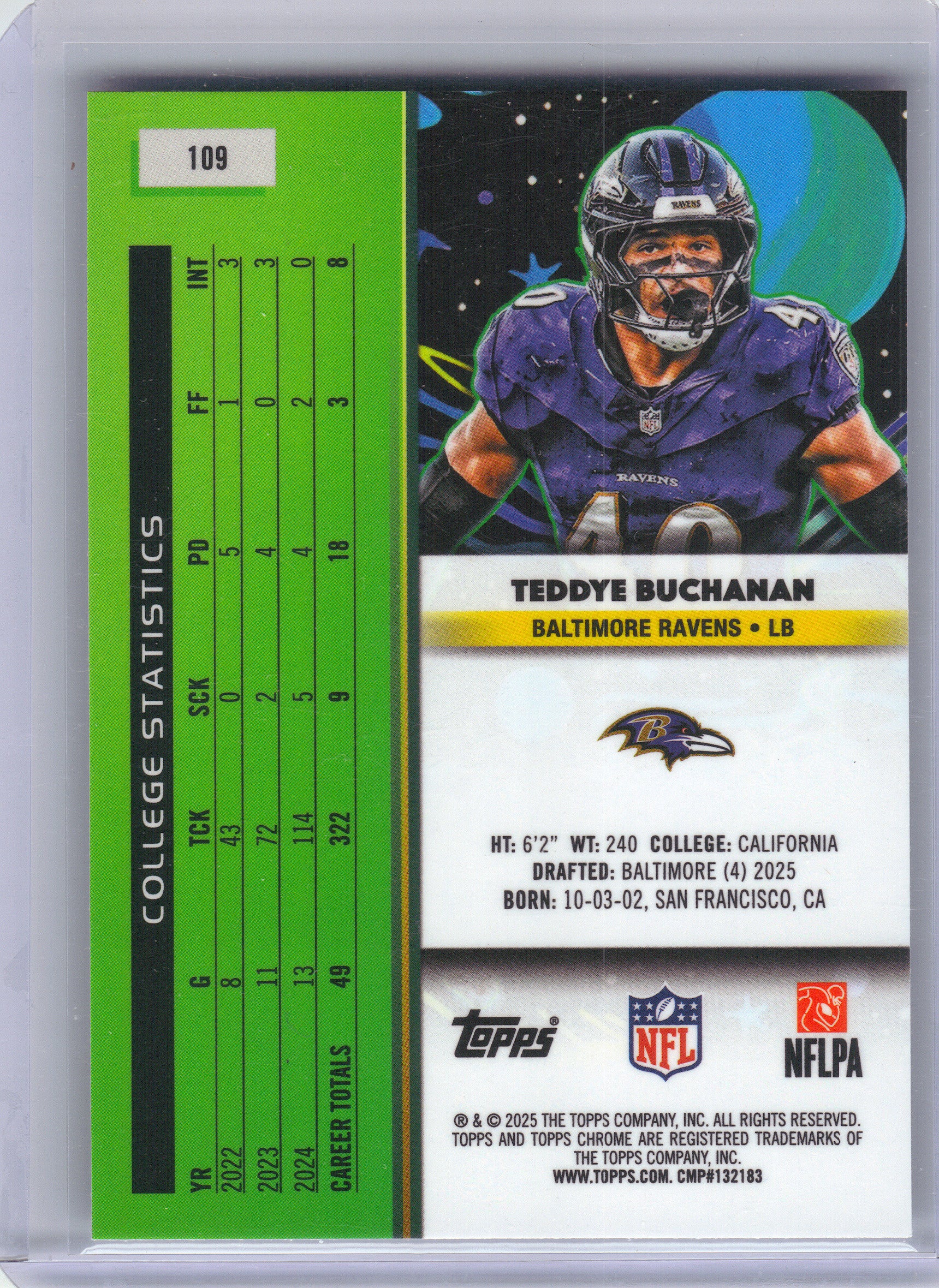 2025 Topps Chrome Cosmic #109 Teddye Buchanan Baltimore Ravens Rookie