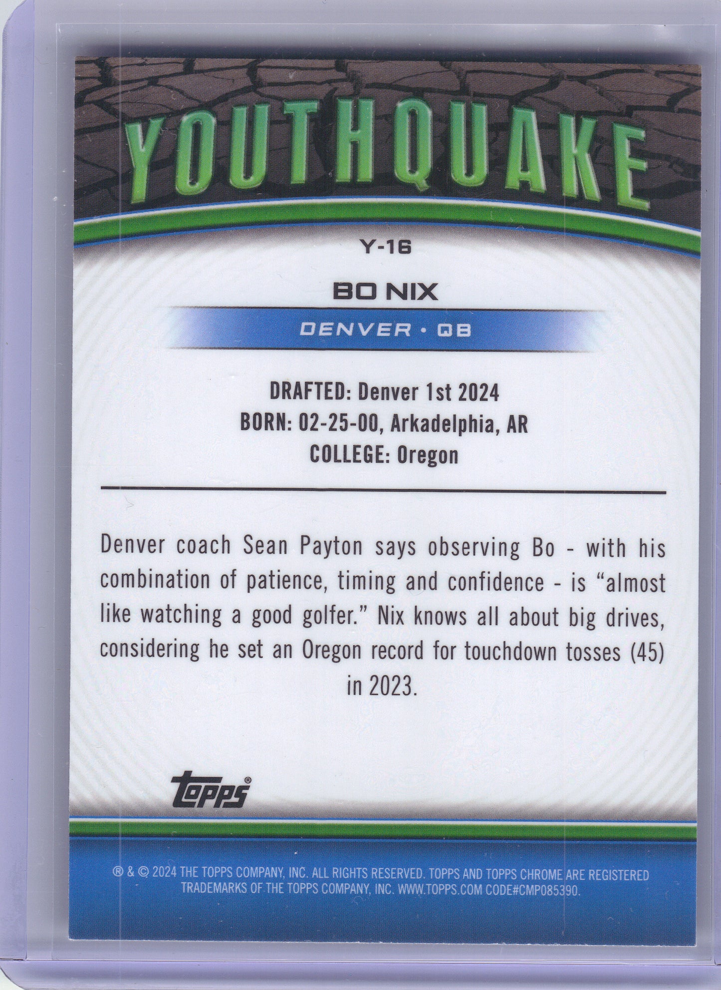 2024 Topps Chrome #Y-16 Bo Nix Youthquake Denver Broncos