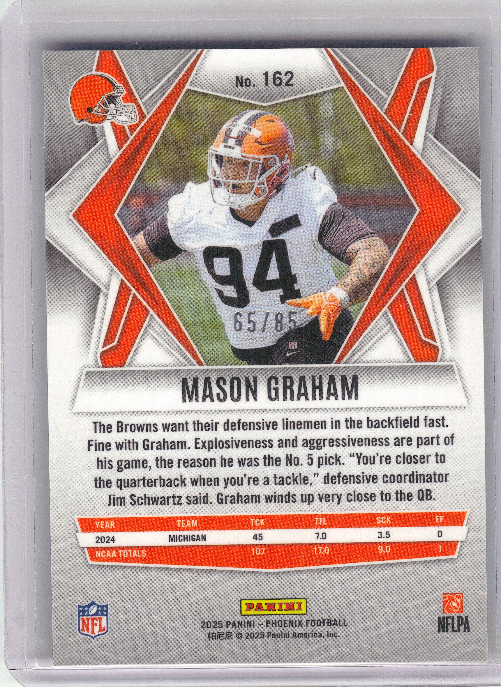 2025 Panini Phoenix #162 Mason Graham Light Blue Mojo Prizm #/85 Cleveland Browns SN, Rookie