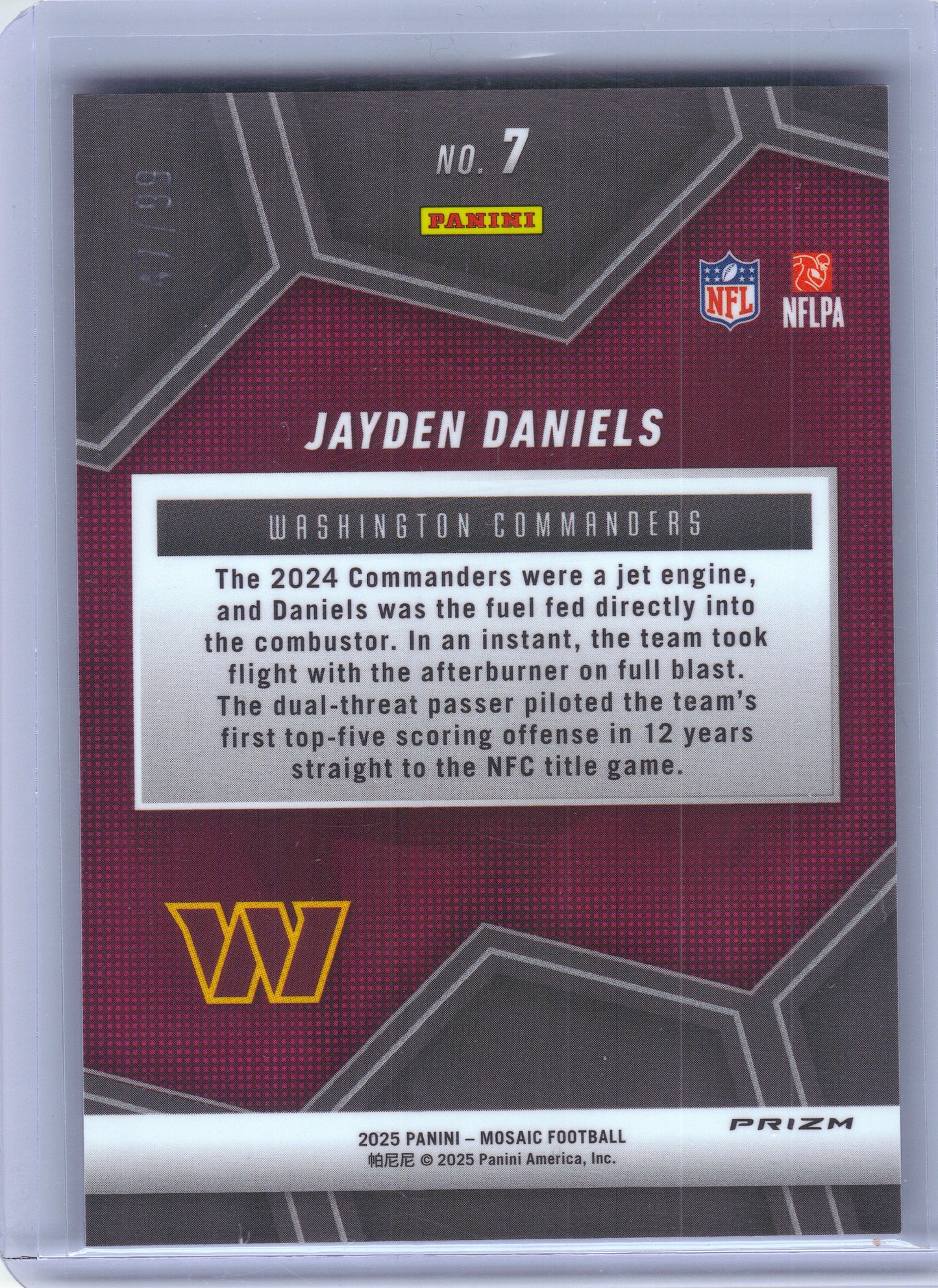 2025 Panini Mosaic #7 Jayden Daniels Overdrive Mosaic Blue #/99 Washington Commanders SN