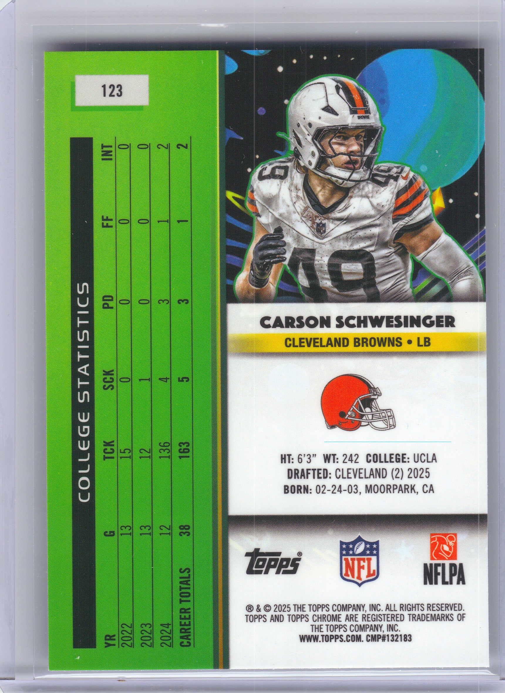 2025 Topps Chrome Cosmic #123 Carson Schwesinger Cleveland Browns Rookie