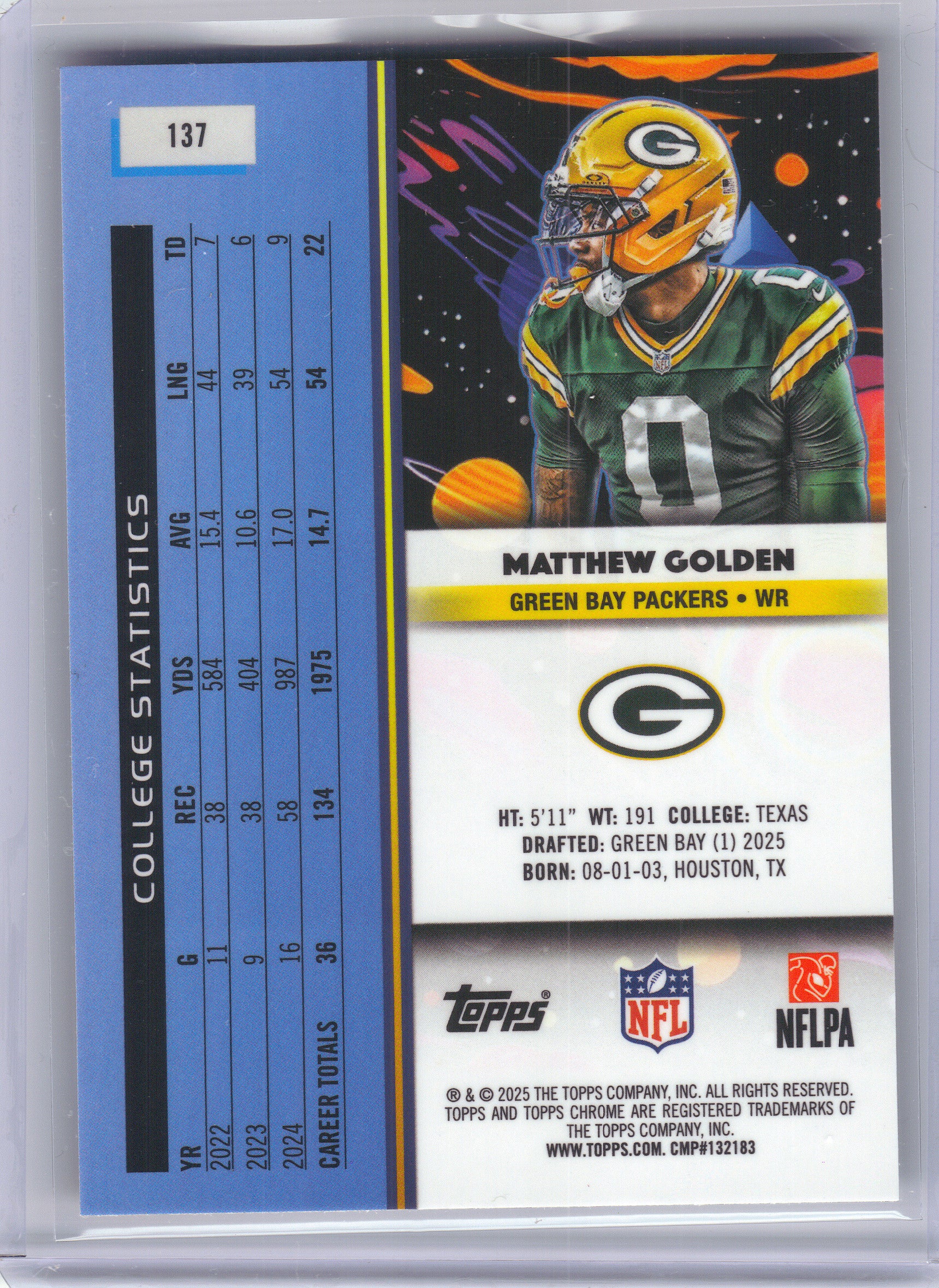 2025 Topps Chrome Cosmic #137 Matthew Golden Green Bay Packers Rookie