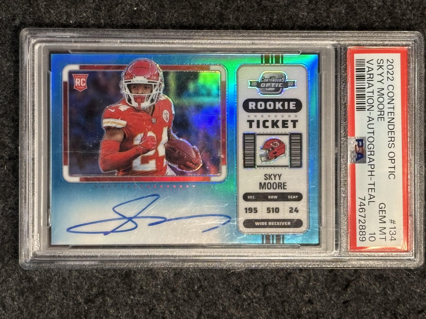 2022 Panini Contenders Optic #134 Skyy Moore Variation Auto Teal 30 PSA 10 Kansas City Chiefs SN, Rookie, Auto