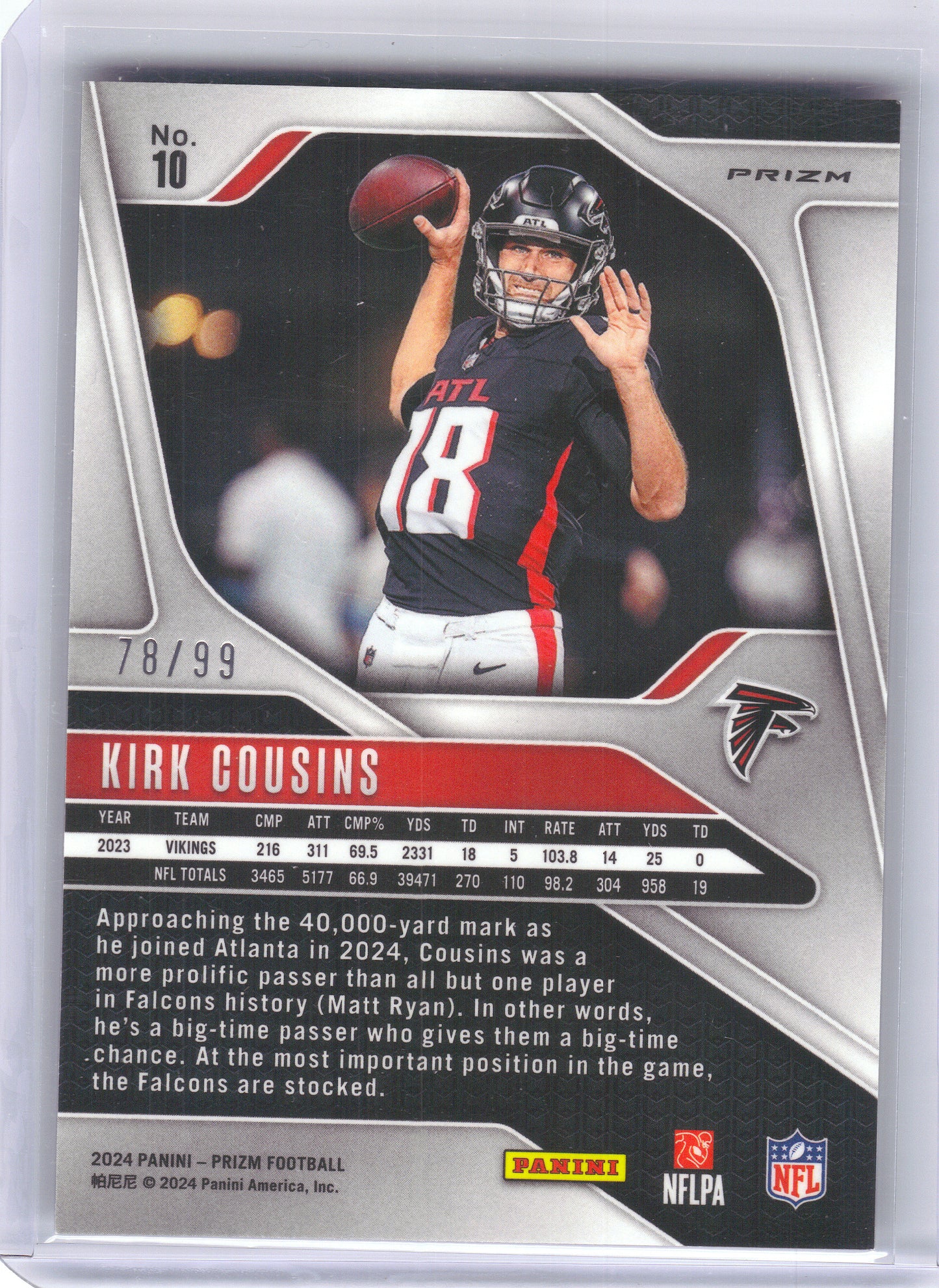 2024 Panini Prizm #10 Kirk Cousins Purple Wave #/99 Atlanta Falcons SN