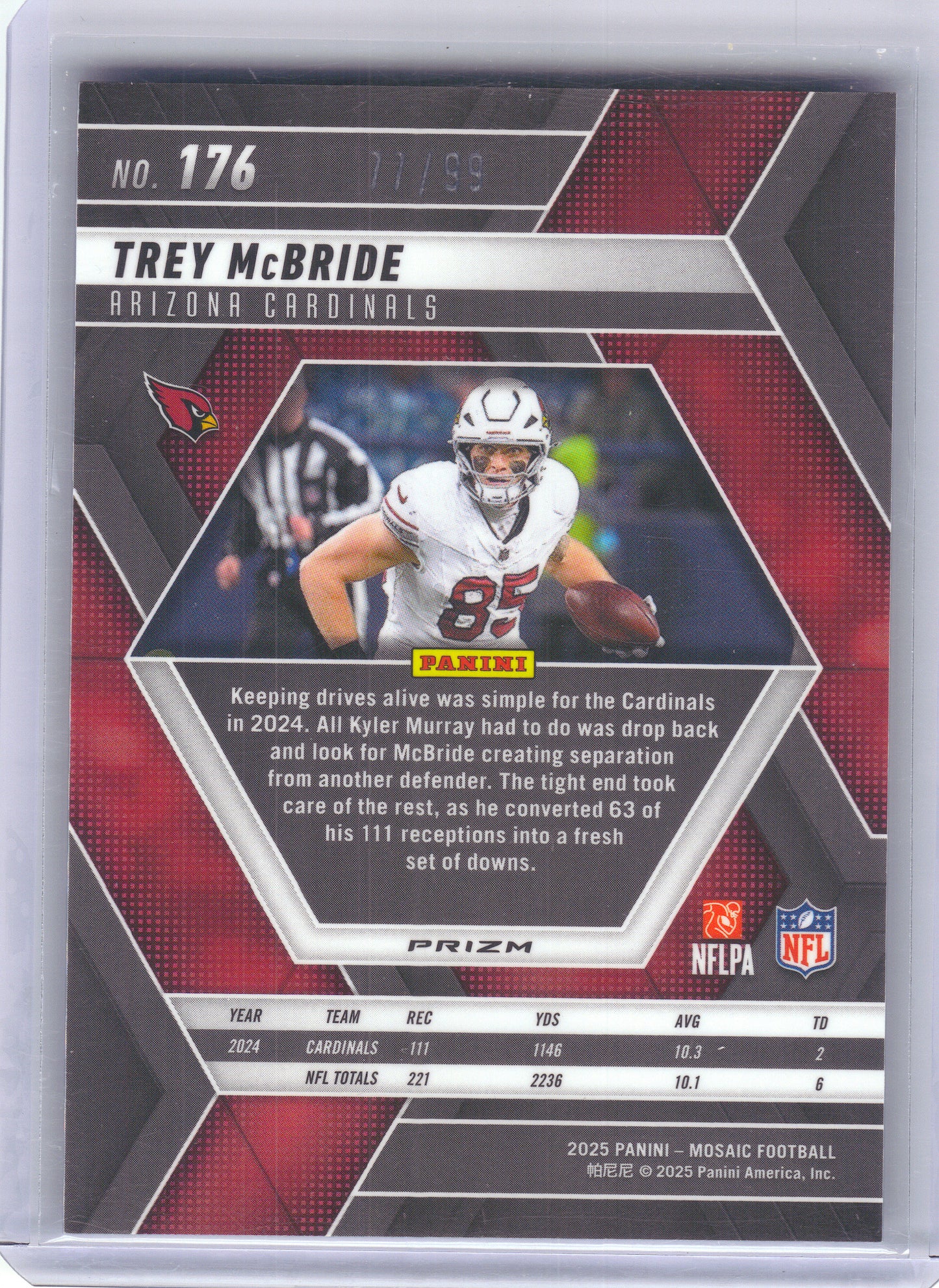 2025 Panini Mosaic #176 Trey McBride Mosaic Blue #/99 Arizona Cardinals SN