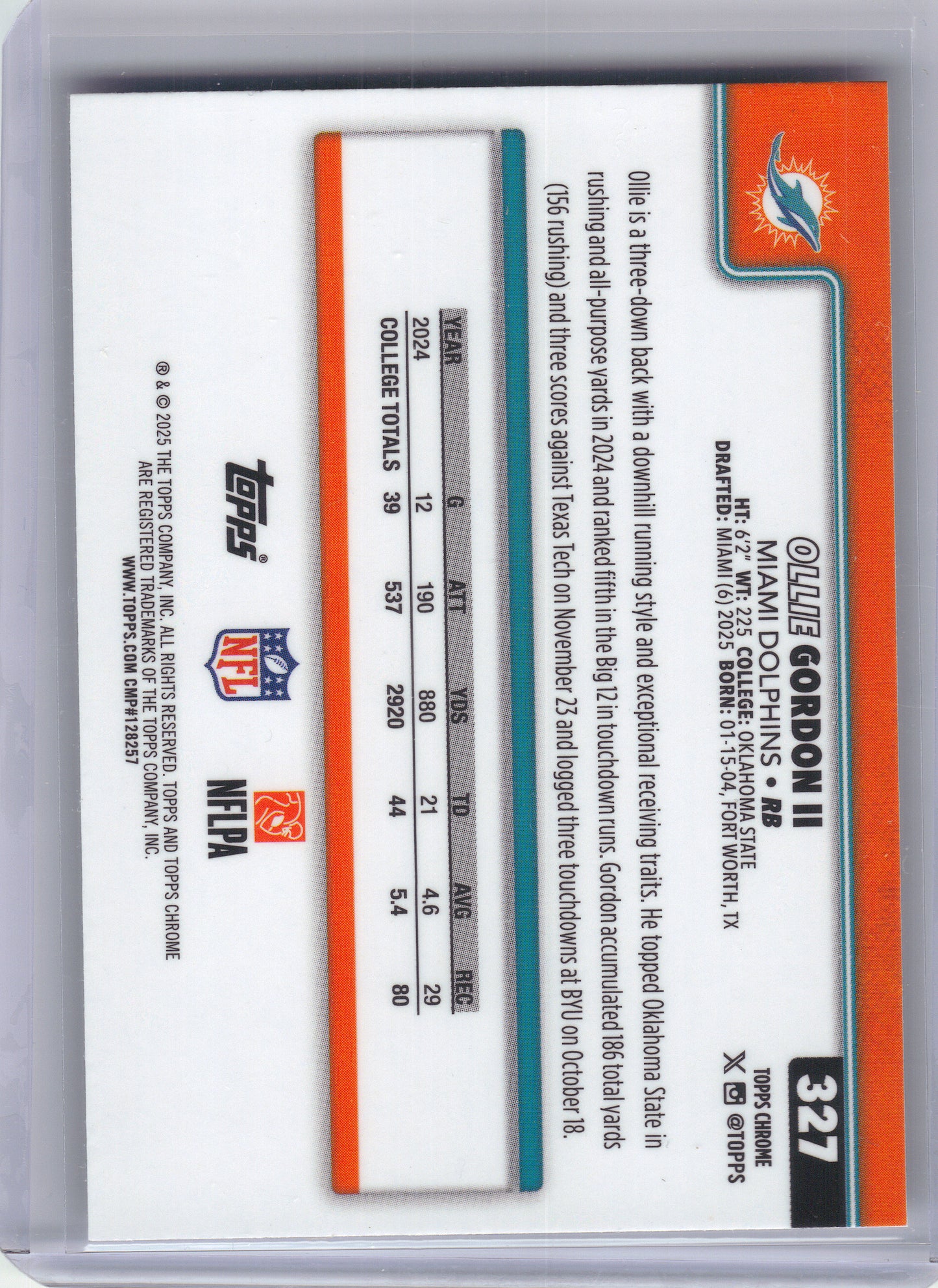 2025 Topps Chrome #327 Ollie Gordon II Miami Dolphins Rookie