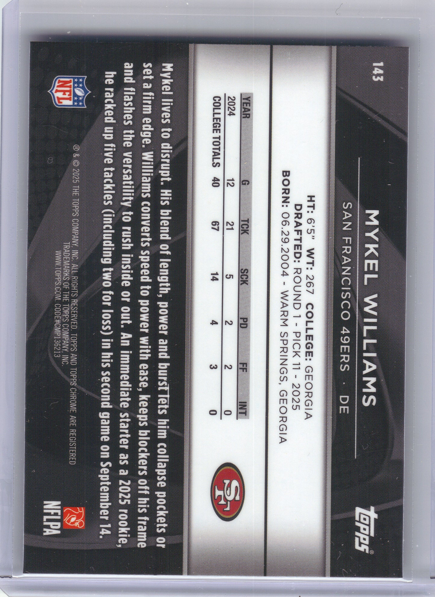 2025 Topps Chrome Black #143 Mykel Williams San Francisco 49ers Rookie