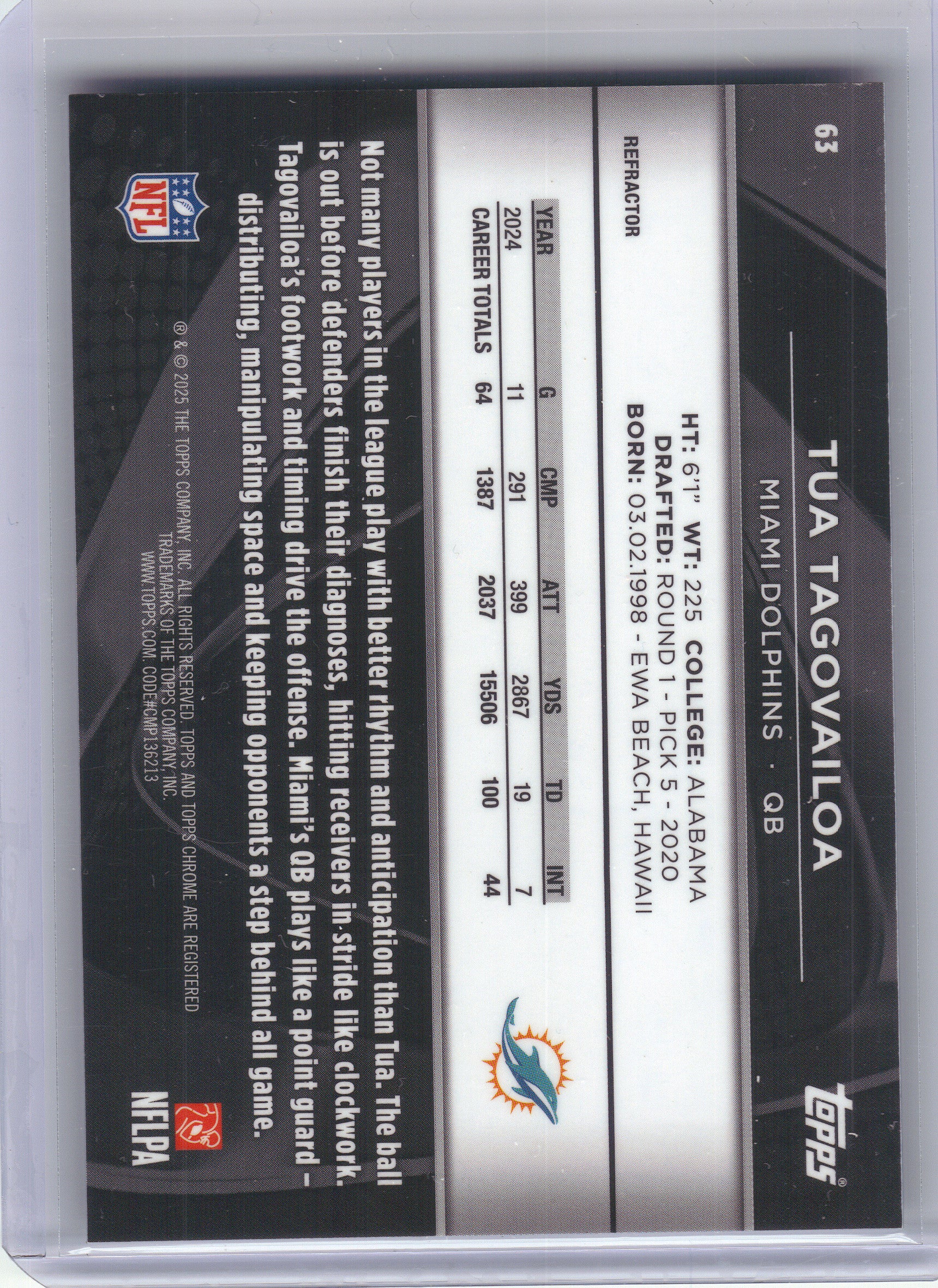 2025 Topps Chrome Black #63 Tua Tagovailoa Refractor /299 Miami Dolphins