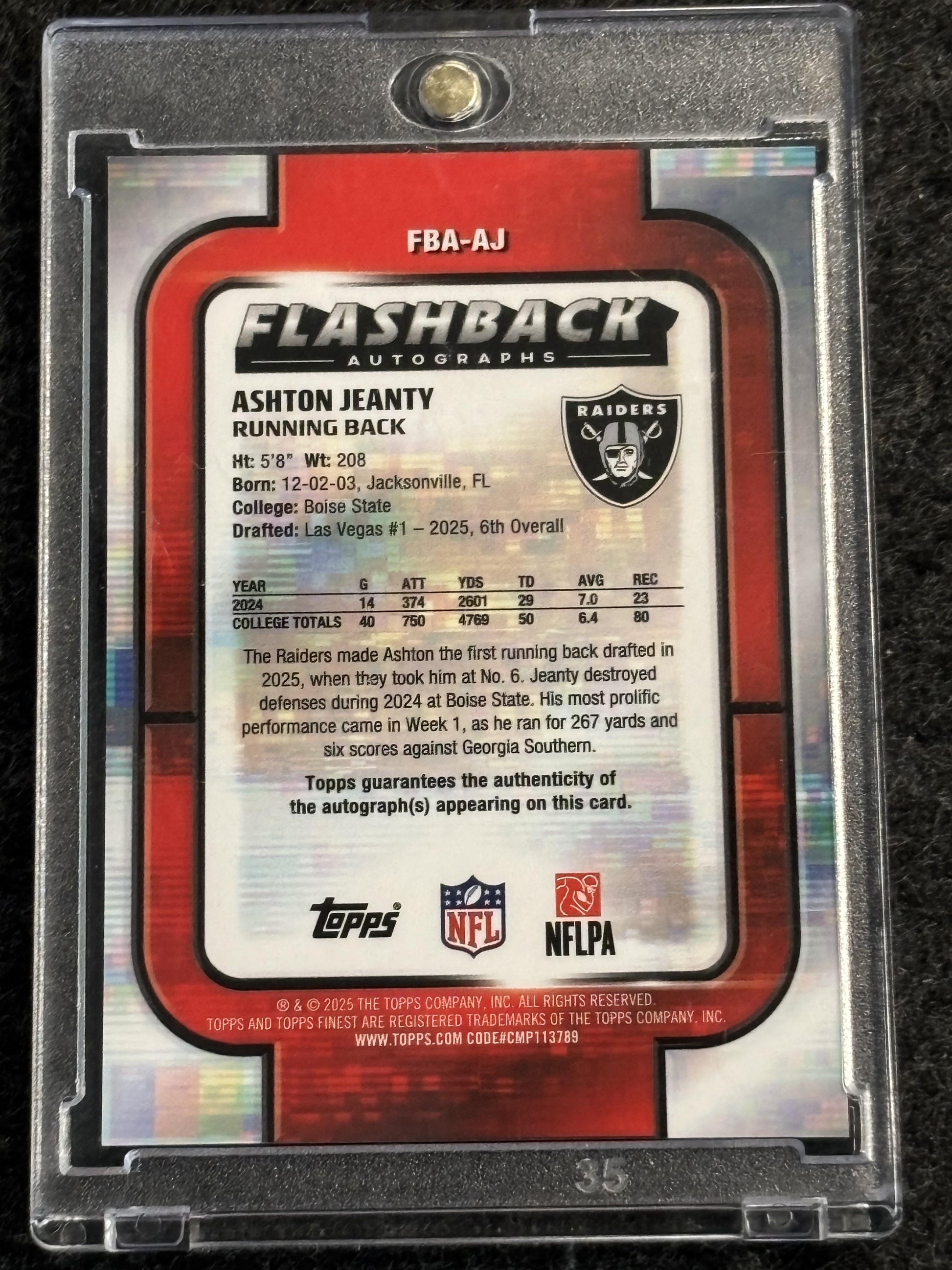 2025 Finest #FBA-AJ Ashton Jeanty Flashback Autographs Las Vegas Raiders Auto
