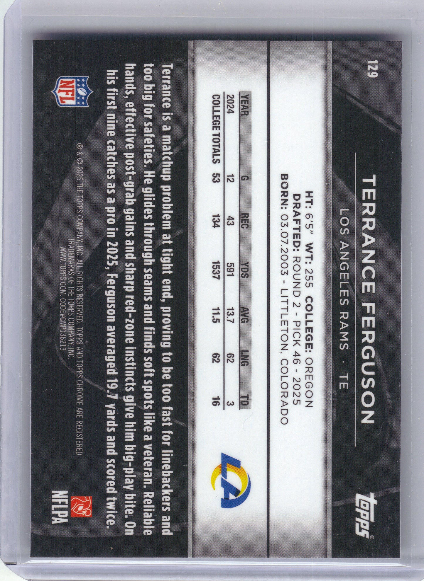 2025 Topps Chrome Black #129 Terrance Ferguson Los Angeles Rams Rookie