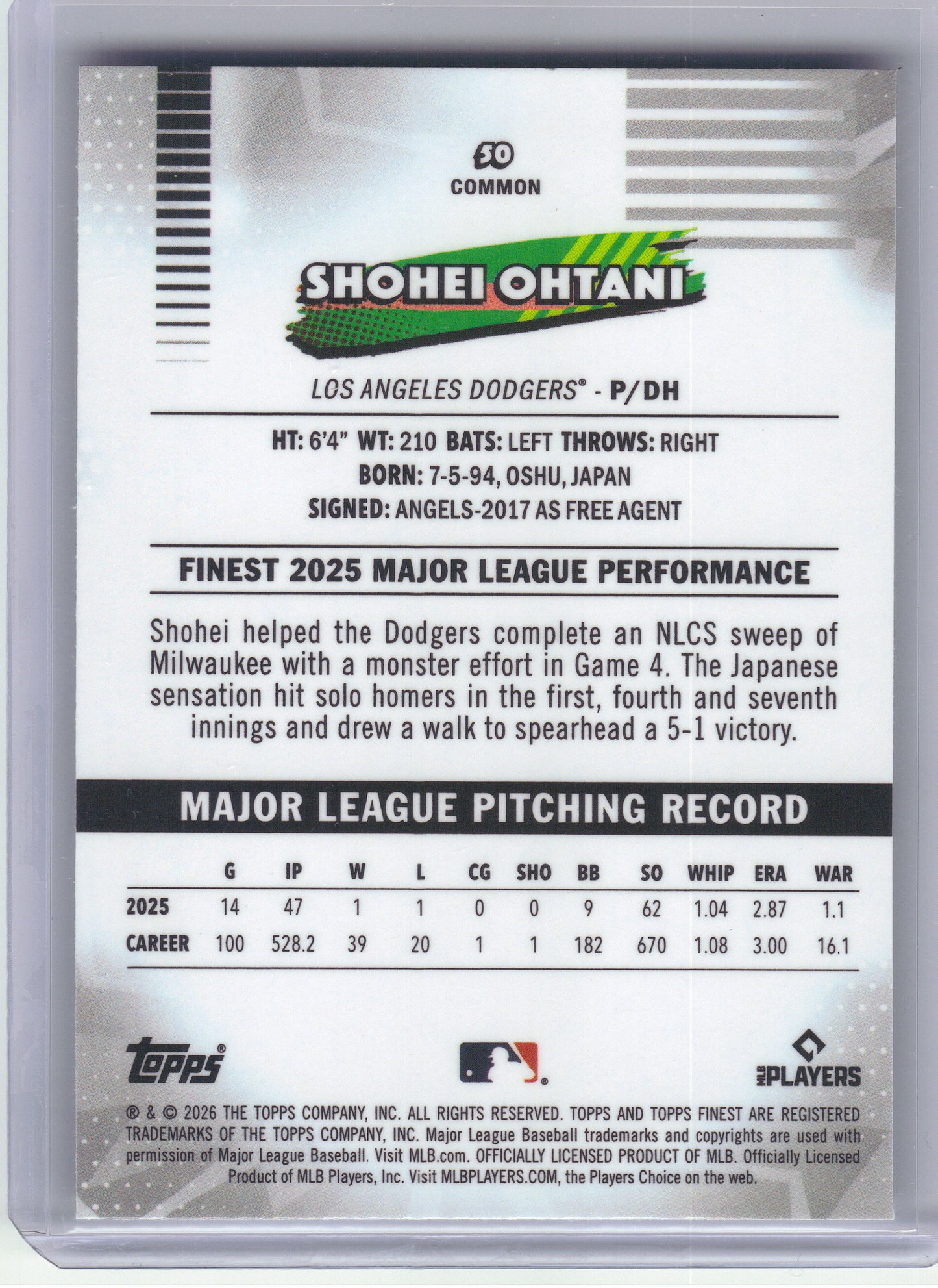 2026 Finest #50 Shohei Ohtani Los Angeles Dodgers