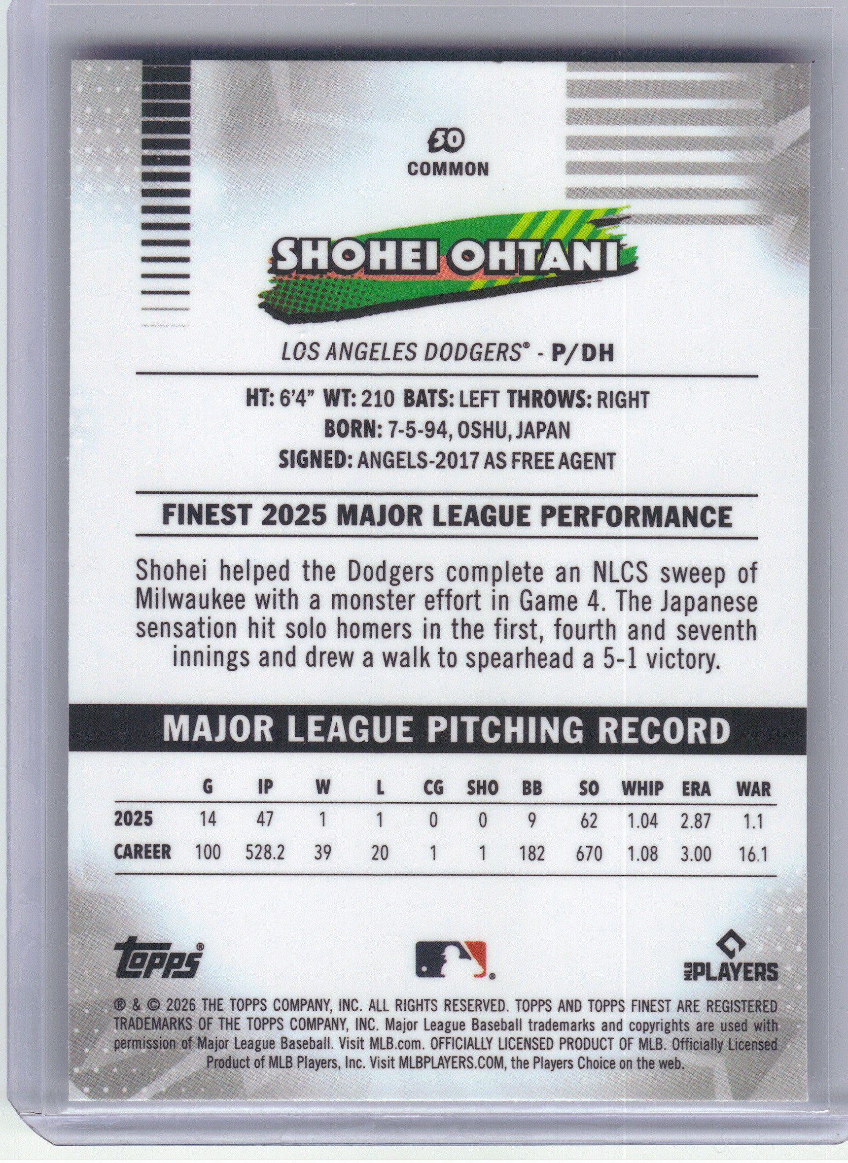 2026 Finest #50 Shohei Ohtani Los Angeles Dodgers