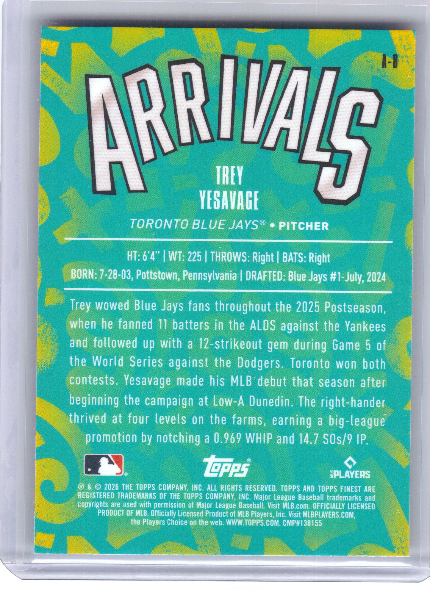 2026 Finest #A-8 Trey Yesavage Arrivals Toronto Blue Jays